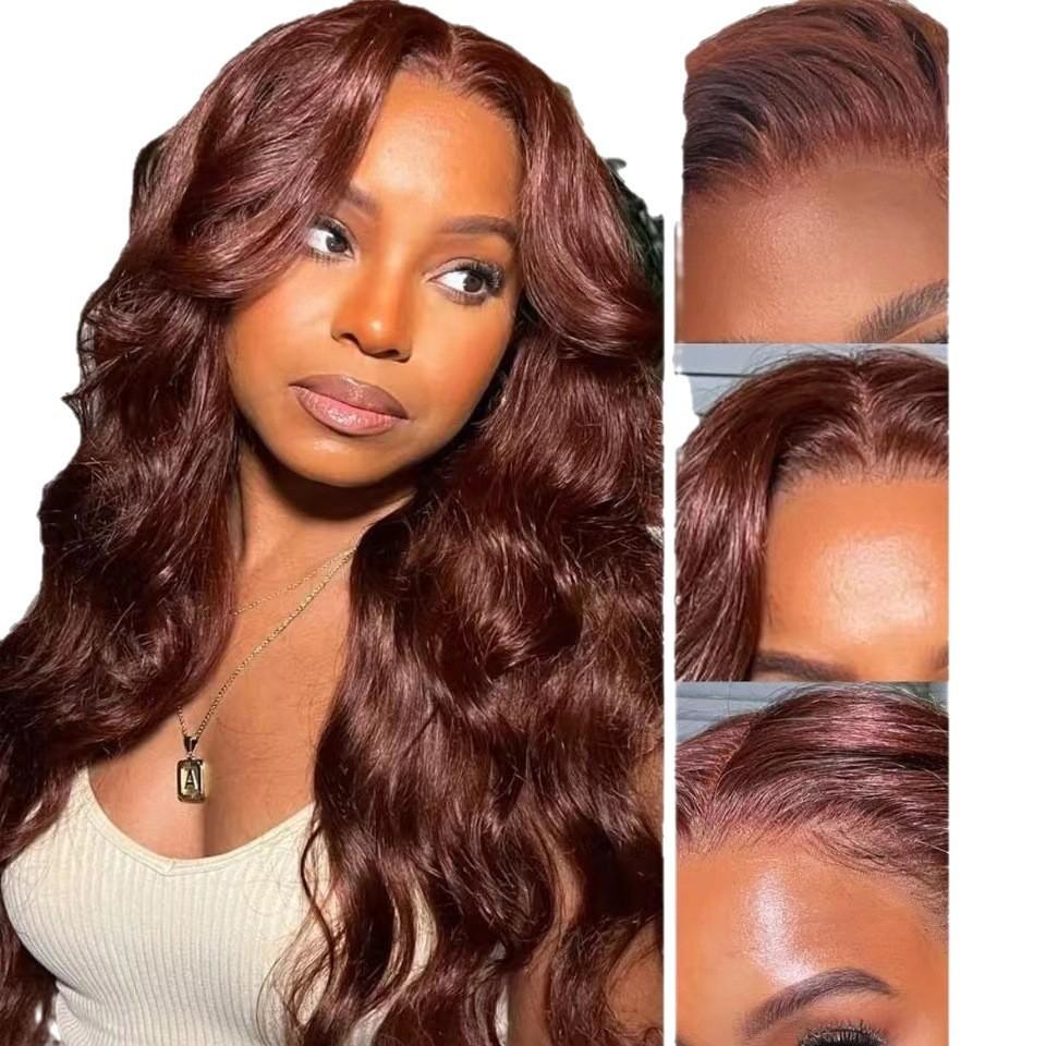 Lace Front Highlighted Ombre Reddish Brown Wig, Highlight Raw Brazilian Body Wave Pre Plucked Human Hair Wig Lace Frontal Wigs For Women, Natural Fluffy Synthetic Full Wig Cap