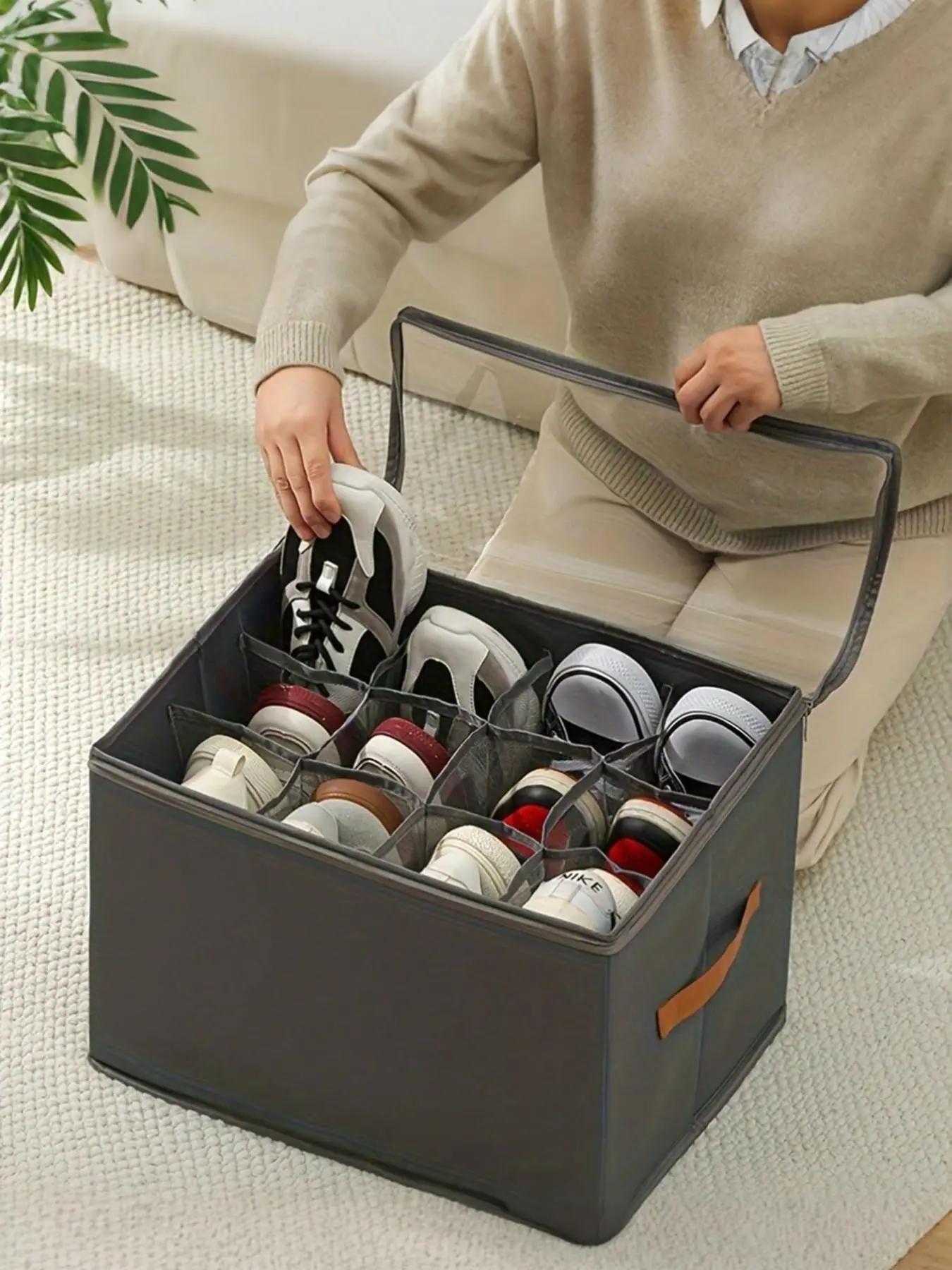 Foldable Fabric Shoe Storage Box, Holds 12-16 Pairs, Large Capacity, Adjustable Dividers, Transparent Lid, Waterproof Dustproof, Home Dorm Closet Use