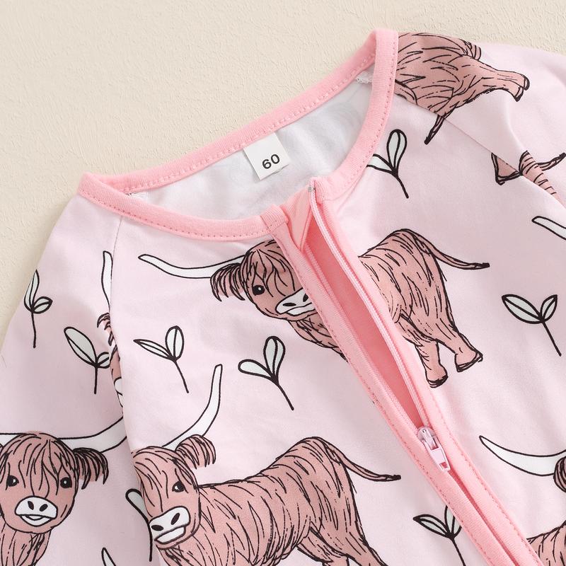 Country Baby Clothes Boy Girl Western Highland Cow Print Long Sleeve Romper Zipper  Jumpsuit Spring Fall Outfit 0-12M