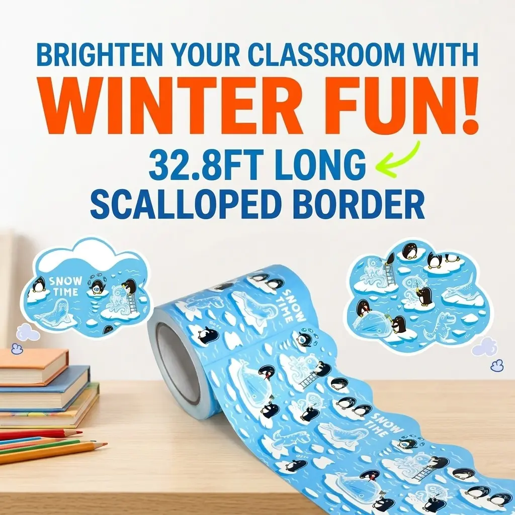 Christmas Theme Polar Penguin Bulletin Board Decoration, Wave Edge Design, Free Cut, Classroom Decor, DIY Craft, Party Background