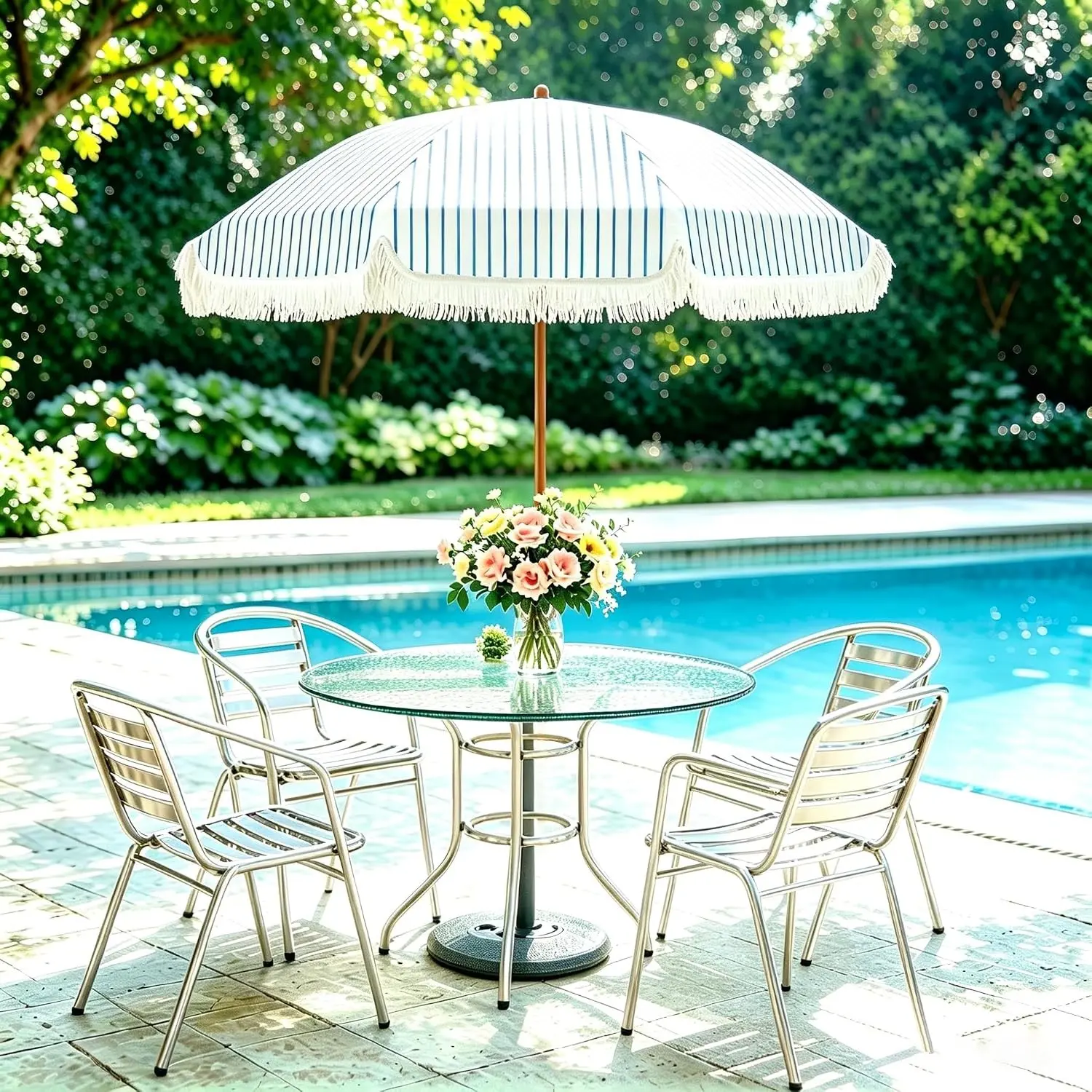 7ft Patio Umbrella with Fringe,Outdoor Beach Umbrella with Aluminum Pole, Ribs Push Button Tilt and Carry Bag, UV 50+ Picnic Tassel Umbrella (Blue&White)