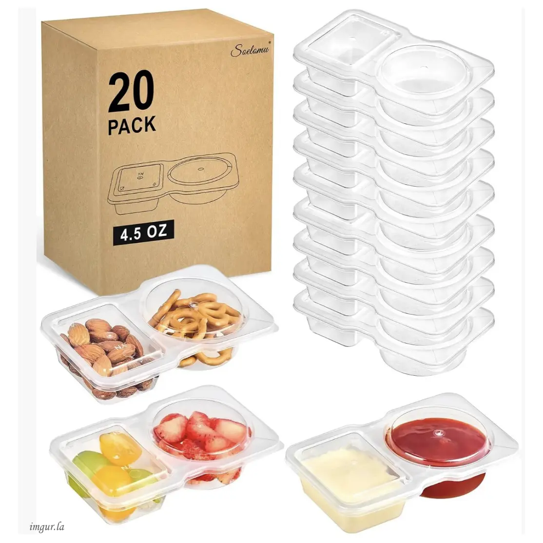 Disposable 2-Compartment Plastic Containers with Lid Attached, 20 Pieces, for Dipping Sauces – Home & Festive Party Disposable Tableware