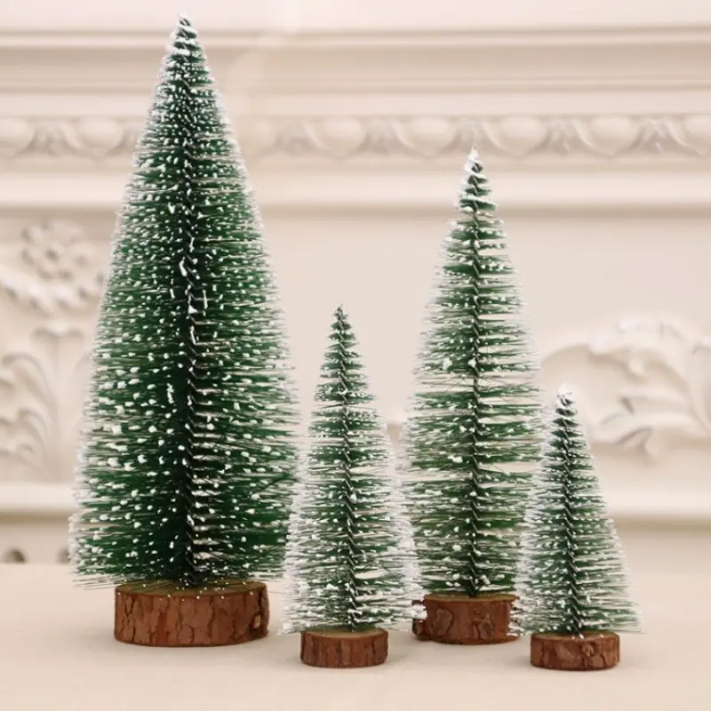 Set of 4 Mini Artificial Christmas Trees, Wooden Base, Snowy Spruce, Holiday Party Decor, Window Home Desktop Ornament