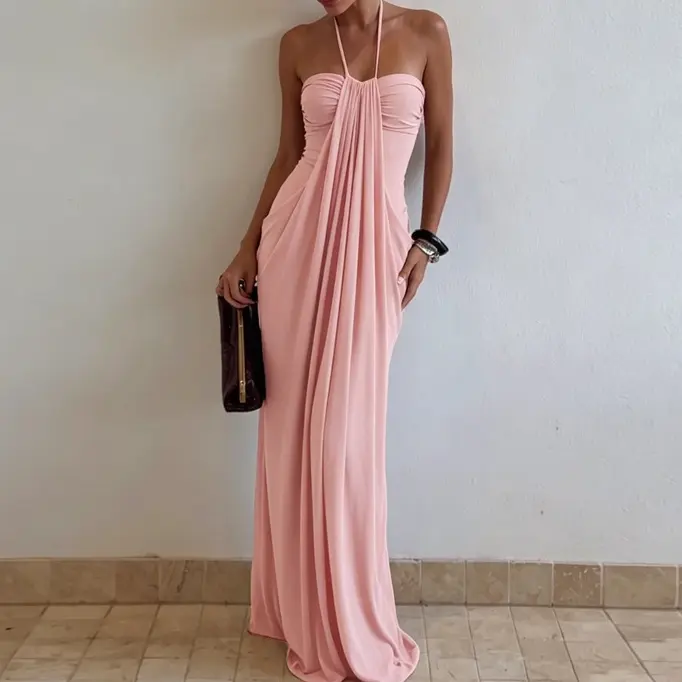 Women's Light Halter Neck Maxi Dress, Sleeveless Ruched Front Long Bodycon Dress, Elegant Summer Wedding Guest Cocktail Party Evening Formal Gown, Beach Vacation Resort Outfit, Date Night Prom Bridesmaid Dress for Women, Spring Summer 2026 Style