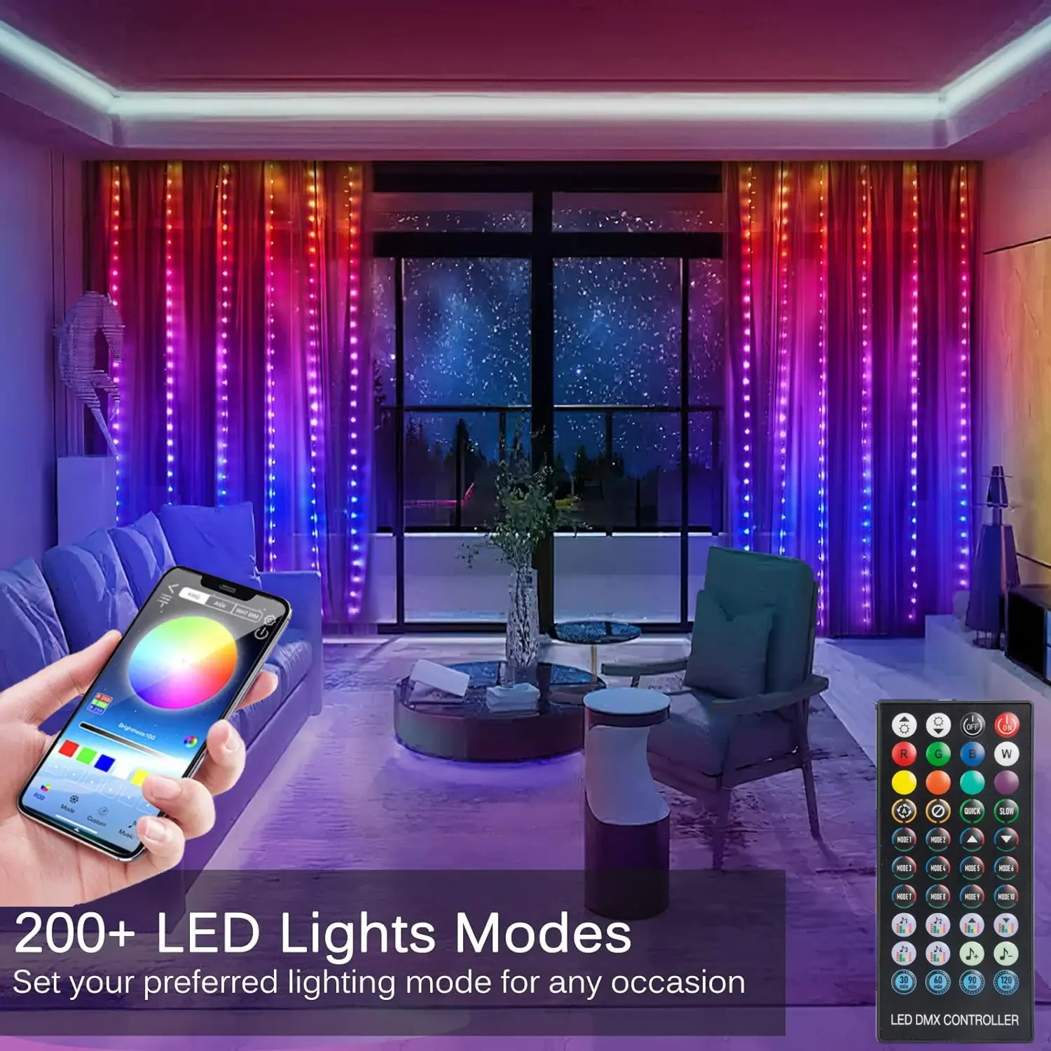 Smart RGB Curtain LED String Lights, Dual Control Via APP & Dmx Remote, 200+ Color Modes, Adjustable Brightness, Home Decor for Various Occasions