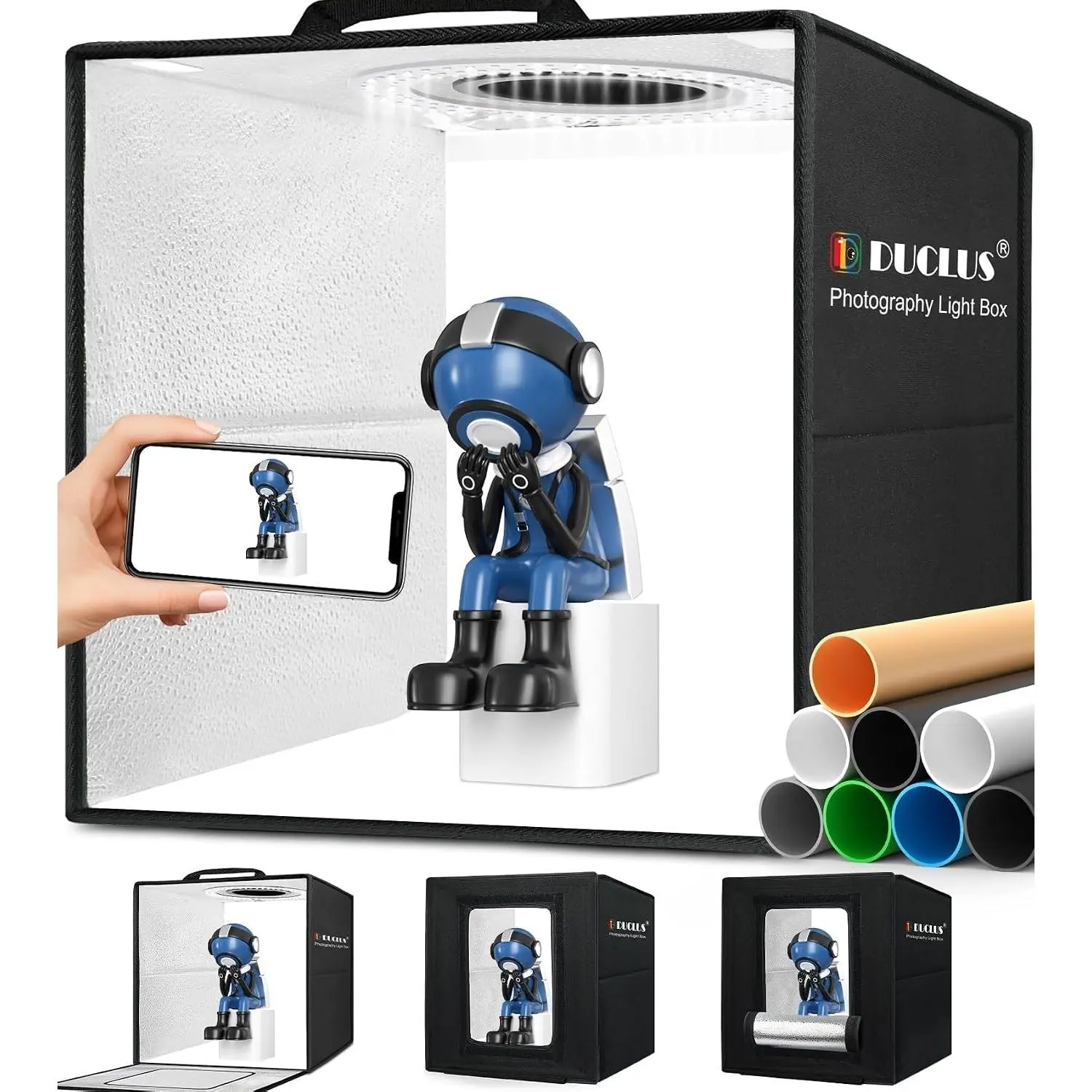 DUCLUS Light Box Photography, 12"x12" Photo Booth Box with 120 LED Lights Dimmable & CRI＞95, Portable Lightbox with 8 Backdrops for Mini Product Photography: Jewelry, Cards, Watches