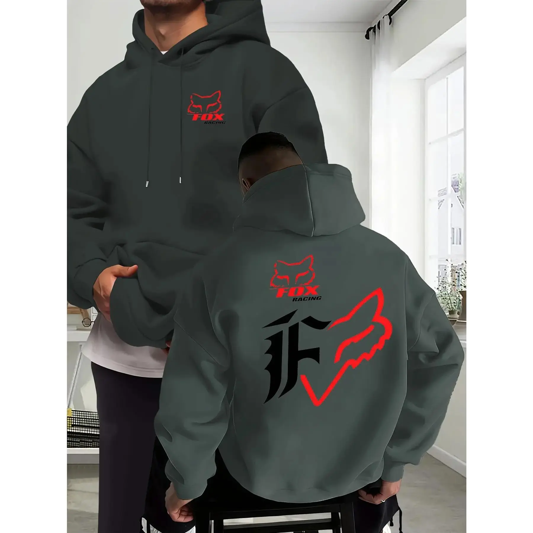 Men's Fleece Baggy Motorcycle Fox Print Hoodie - Casual Long Sleeve, Dual-Sided Design, Drawstring Hood, Kangaroo Pocket, Cargo Hem, Layer-Friendly Streetwear for Outdoor Riding
