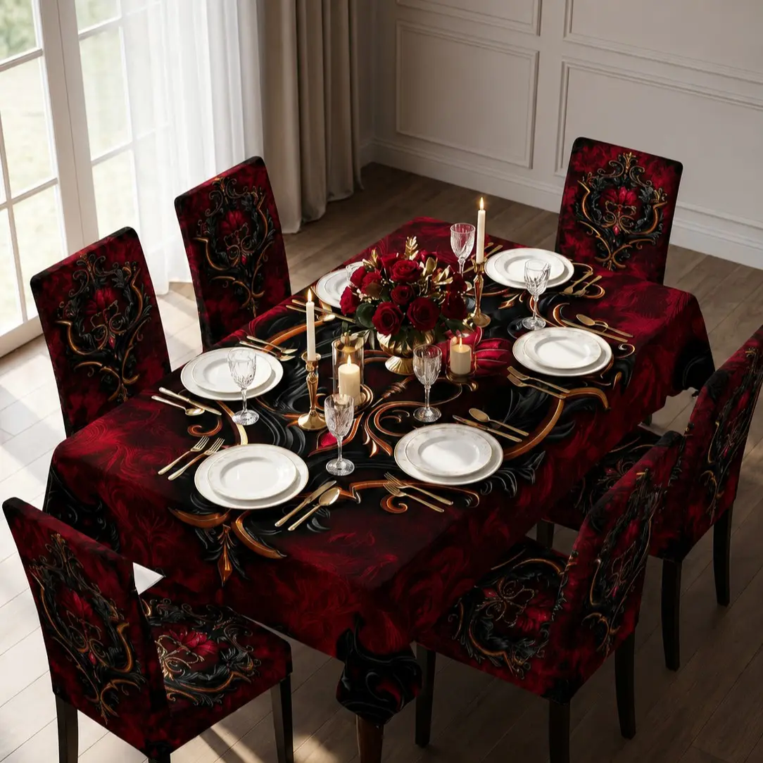 5/7 Pcs 2D Flat Dark Red Baroque Ornament Print Tablecloth & Chair Cover Set, Stretch Removable Washable Dining Chair Slipcover, Gothic Luxury for Formal Dinner & Holiday Party Decor, Removable Washable Slipcovers, Dining Room Chair Covers