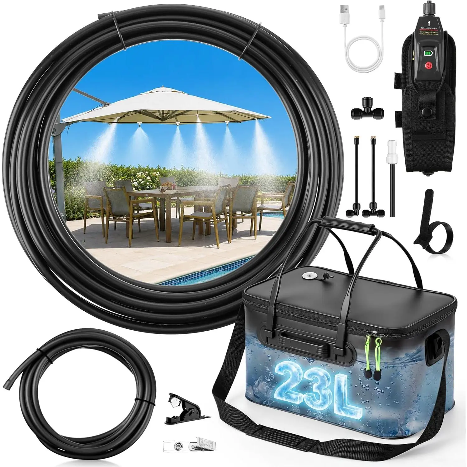 6 Gallon Portable Misting System, 30FT Cooling Misters with Water Mister Pump Foldable Bucket 8 Mist Nozzles for Outdoor Patios, Golf Carts, Greenhouses, Canopy, Camping, Hiking(Black)