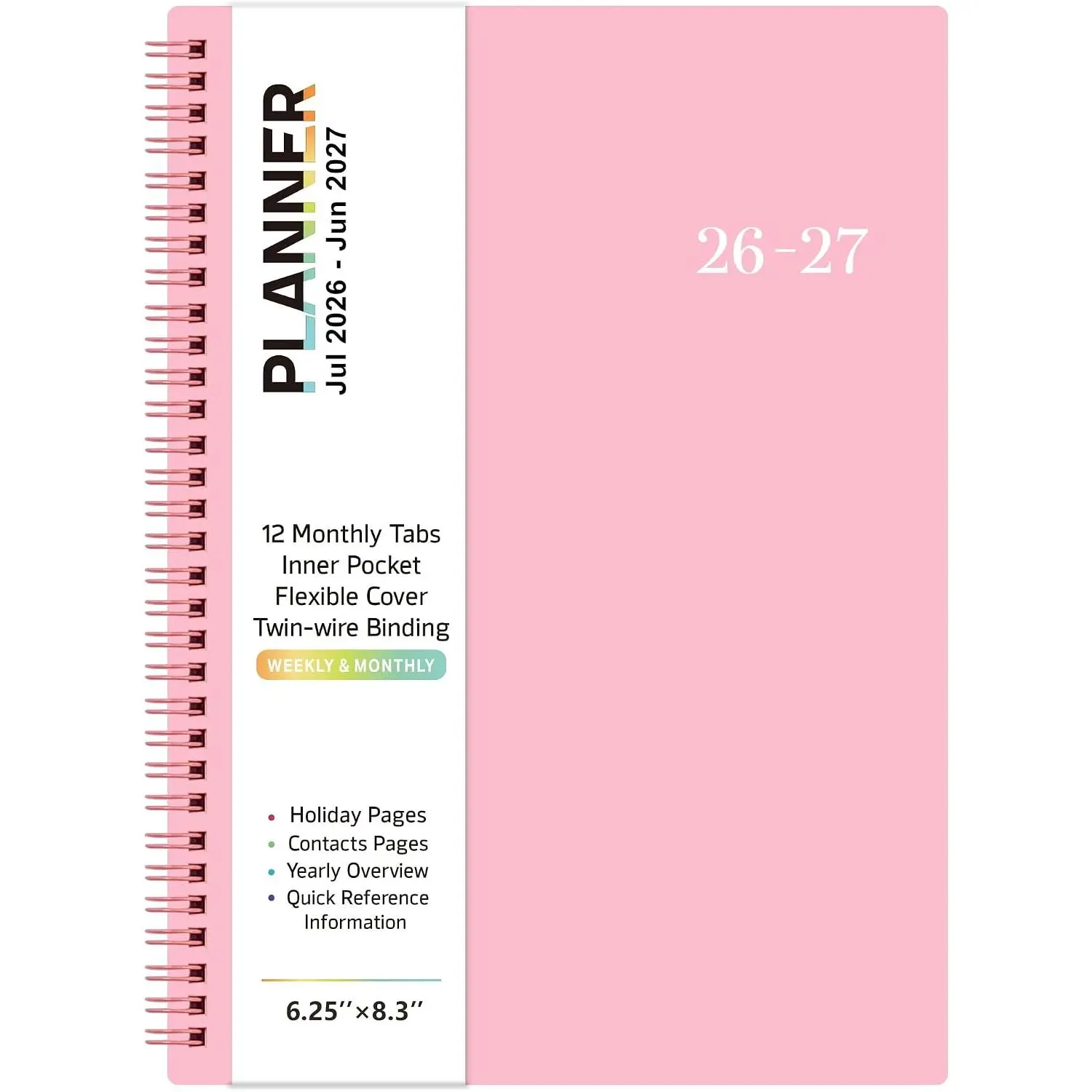 Planner 2026-2027- 2026-2027 planner weekly and monthly, Jul. 2026 - Jun. 2027, 6.25" x 8.3", Flexible Cover, A5 Thick Paper, -Wire Binding -