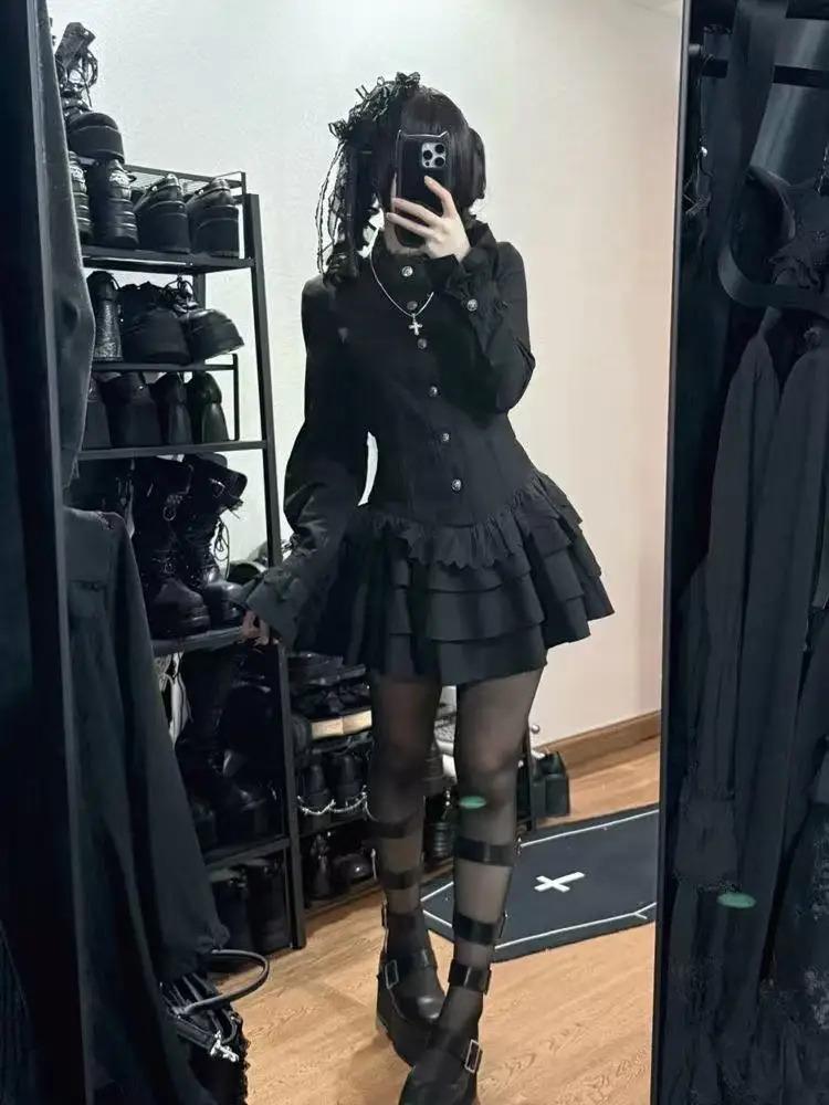 Aesthetic Vintage Slim Sleeveless Black Dress Women Gothic High Street Skinny Ruffle Retro Dresses Y2k Chic Belt New Clothing