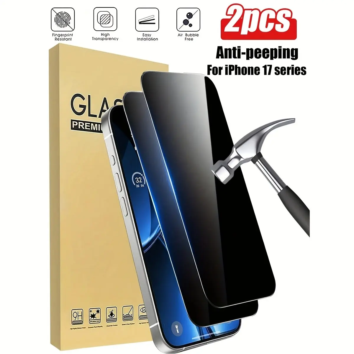 2-Pack Full Screen Anti-Spy Protective Tempered Glass Film for iPhone 17/17 Pro/17 Pro Max, 9h Hardness, Anti-Explosion, High Transparency, Easy Installation, Protective Privacy Film