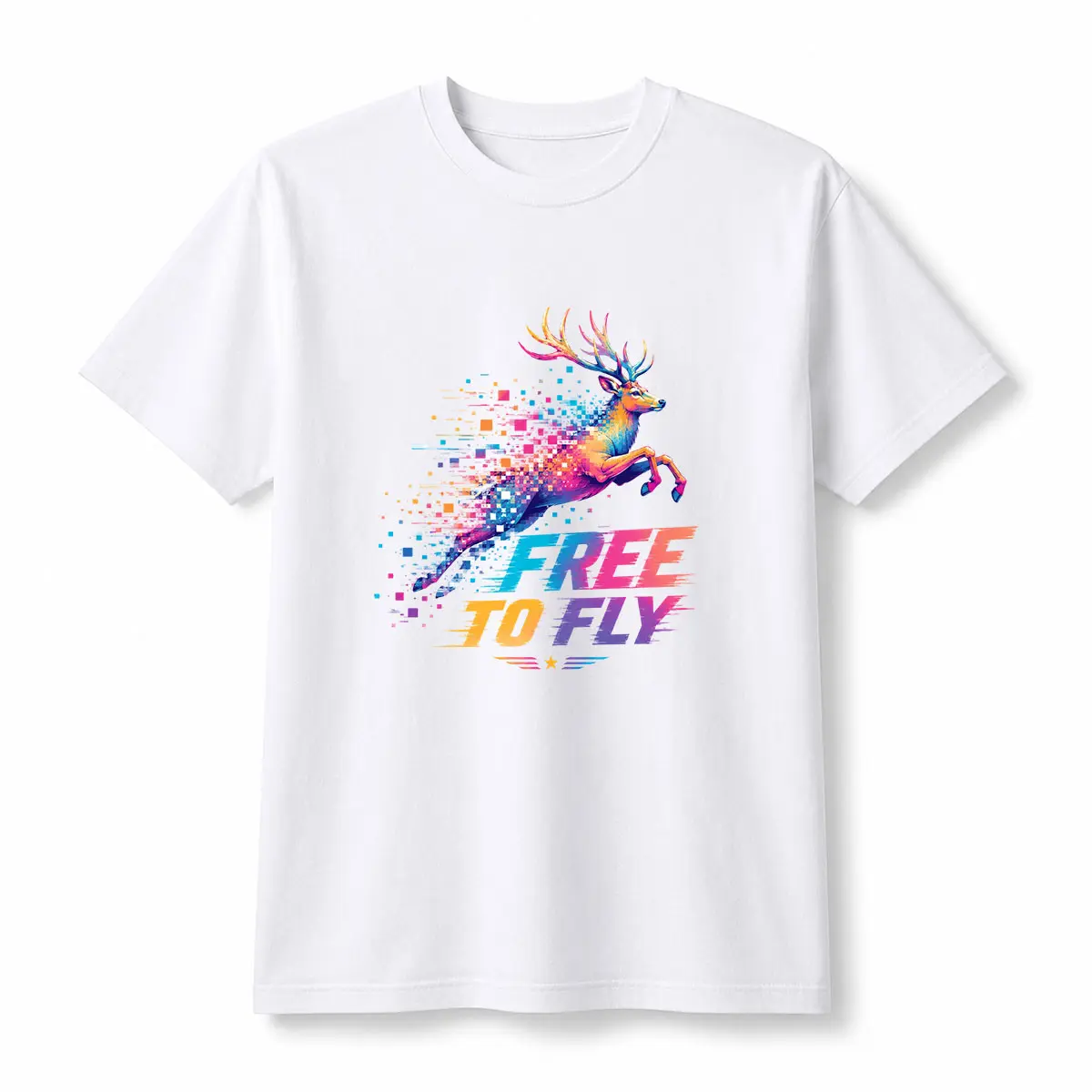 Unisex Free To Fly Graphic Tee, Colorful Deer Motion Print T Shirt, Short Sleeve Cotton Shirt