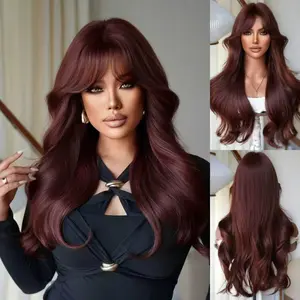 26 Inch Natural Dark Wine Red Loose Big Wave Layer Wig With Curtain Bangs, Glueless Heat Resistant Synthetic Wig for Women Daily Party Street Photoshoot Outfit