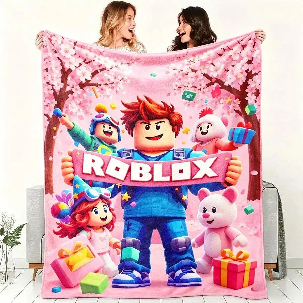 Roblox Inspired Gaming Flannel Blanket, Block Style Graphic Throw, Super Soft Cozy Fleece Blanket, Lightweight Warm Sofa Bed Blanket, Gamer Room Decor Gift