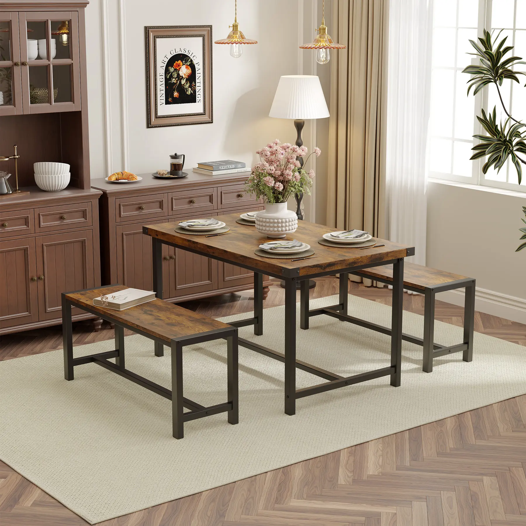 🪑 3-Piece Industrial Dining Set for 4 – Space-Saving Table & 2 Benches, Perfect for Small Kitchens & Breakfast Nooks! ✨