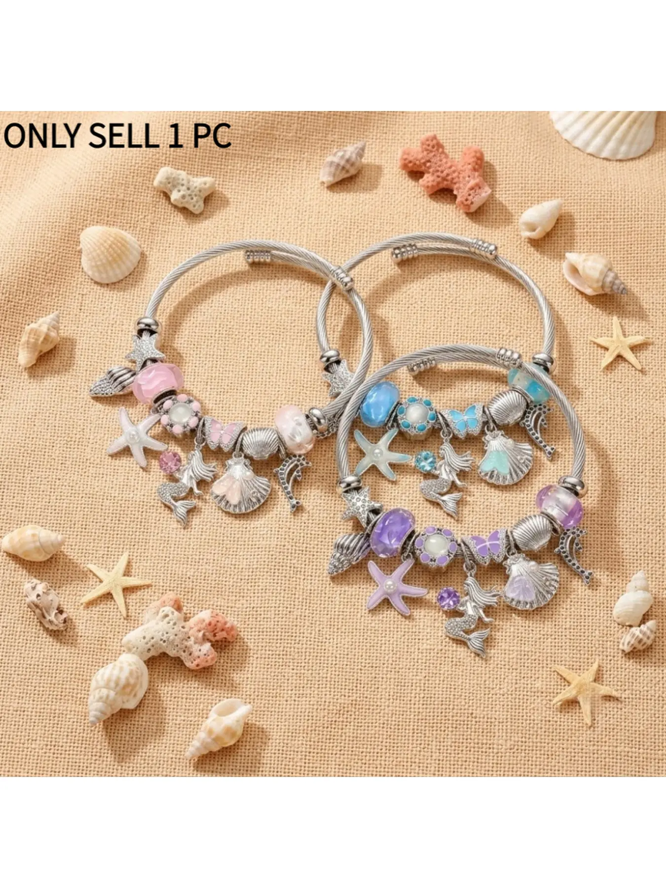 Alloy Enamel Beaded Bracelet for Women, Korean Fresh Ocean Style Open Bangle with Shell Dolphin Mermaid Charms, Trendy Stackable Beach Fashion Jewelry Accessories
