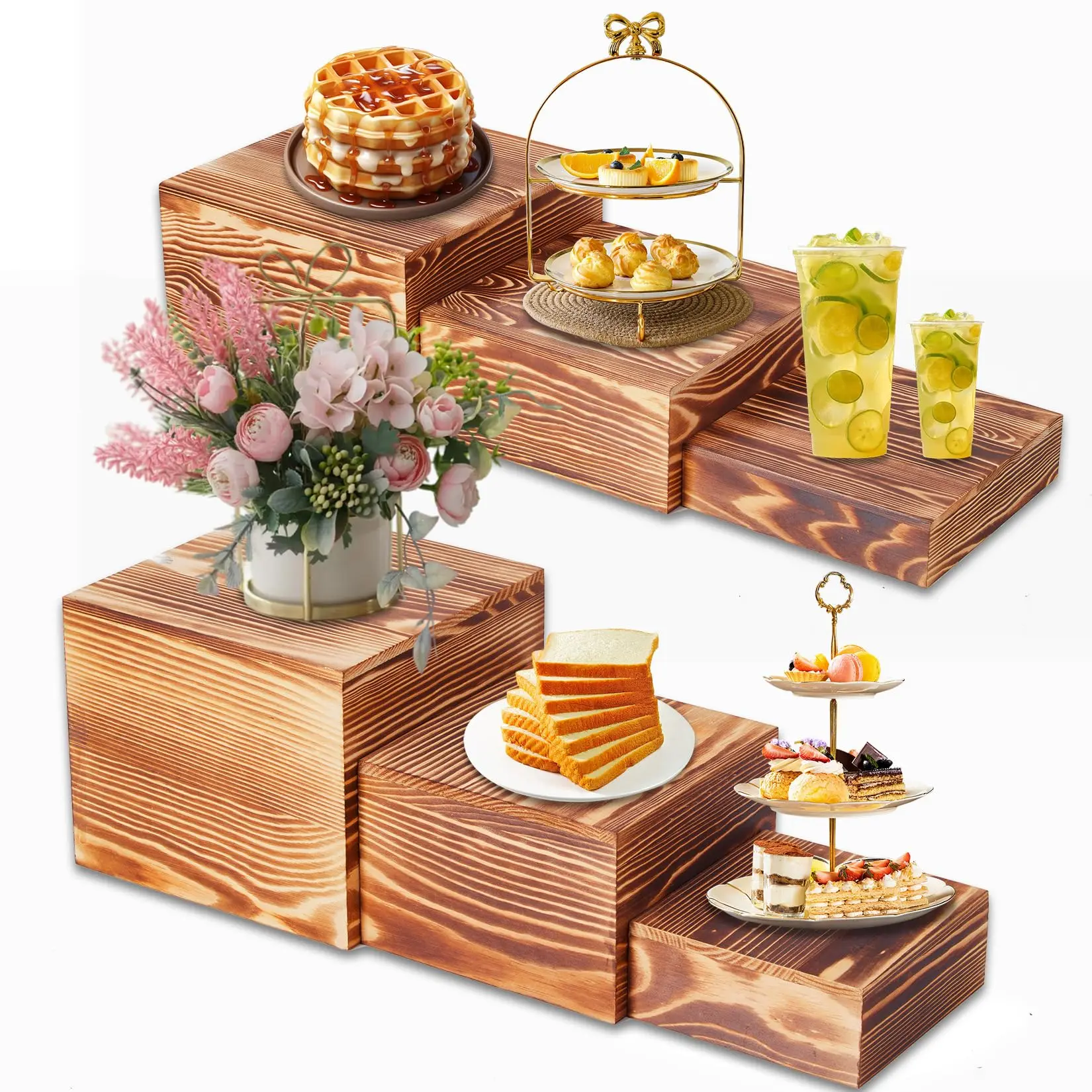 GAOMON 6 Pack Wooden Risers Display Stands, 5/6/7/8/9/10 in Square Wood Cake Cupcake Stands, Buffet Food Risers, Decorative Wooden Crates for Party, Wedding, Christmas Decor, Brown