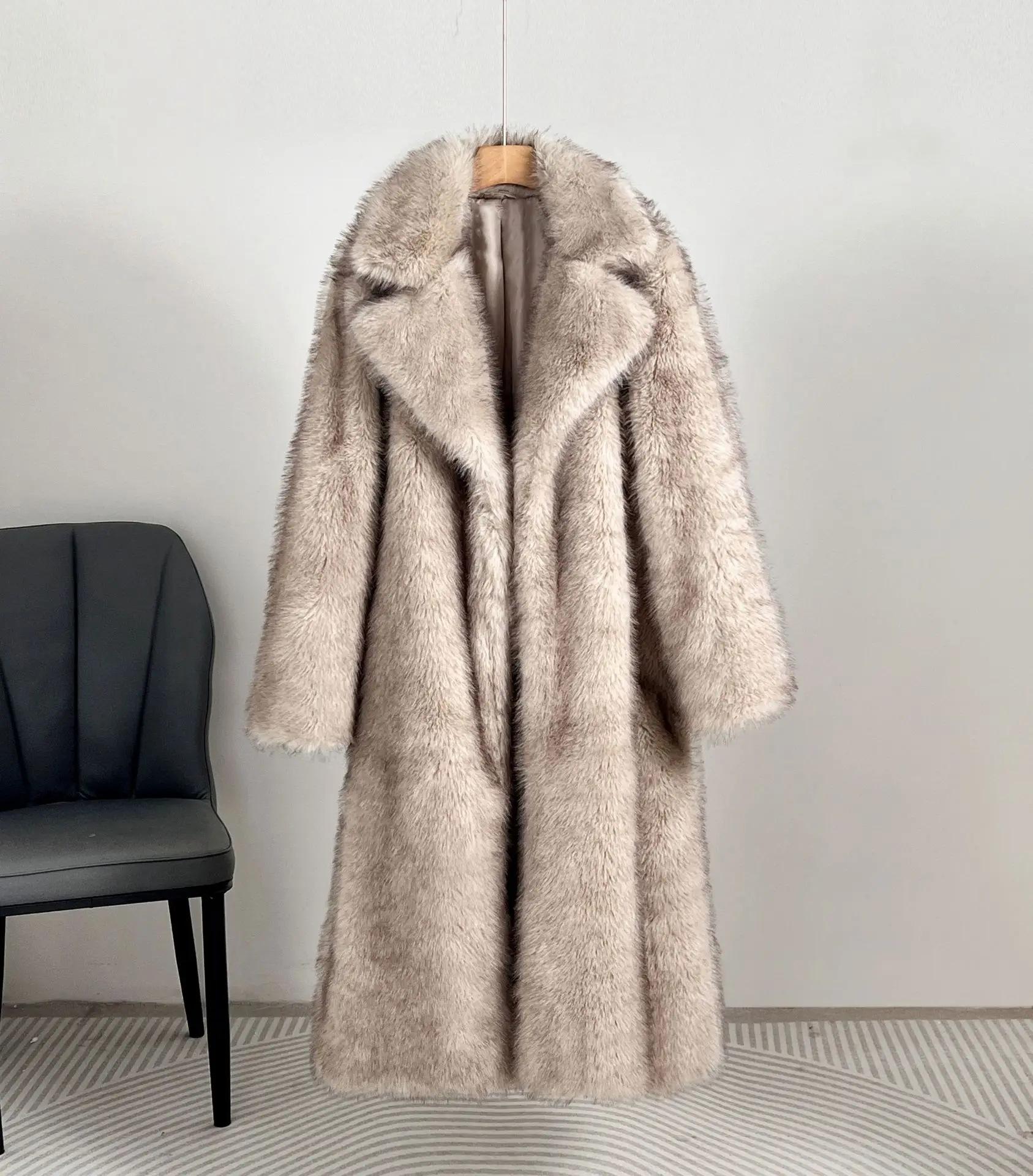 European And American Style Autumn Winter Women's Long Faux Fur Coat With Blazer Collar Faux Fur Jacket Outerwear Womenswear1123