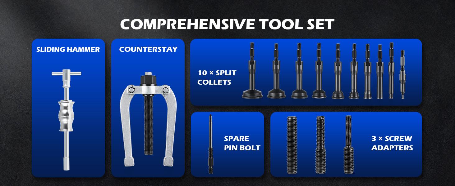 Orion Motor Tech Blind Hole Collet Bearing Race and Seal Puller Extractor Kit, Blue/ Red Slide Hammer Pilot Insert Inner Internal Bearing Removal Tool Set, 16PCS, car stuff, tool box, Automotie Repair Tools