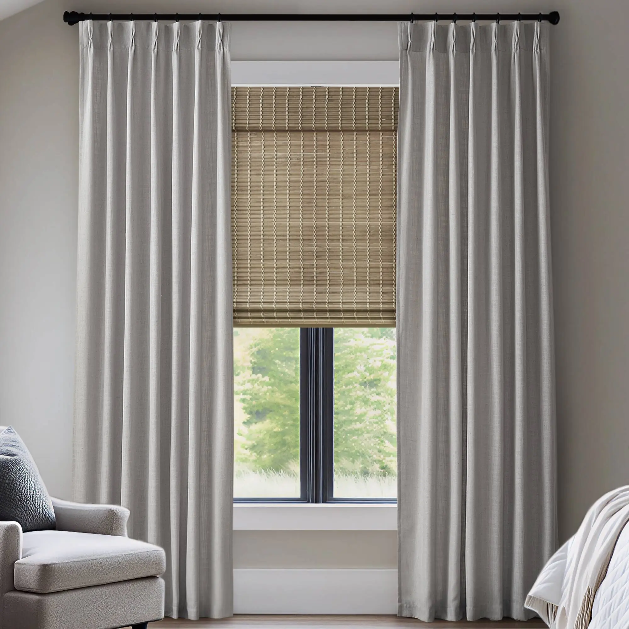 Nokaa 2-Piece 40x102 Inch 300GSM Poly Linen Pinch Pleat Curtain Set, 7 Pleats Per Panel, Heavyweight Textured Fabric, Light Filtering Window Drapes for Living Room Bedroom, Semi-Sheer Privacy Curtains, 2 Panels, Home Furniture and Household Product