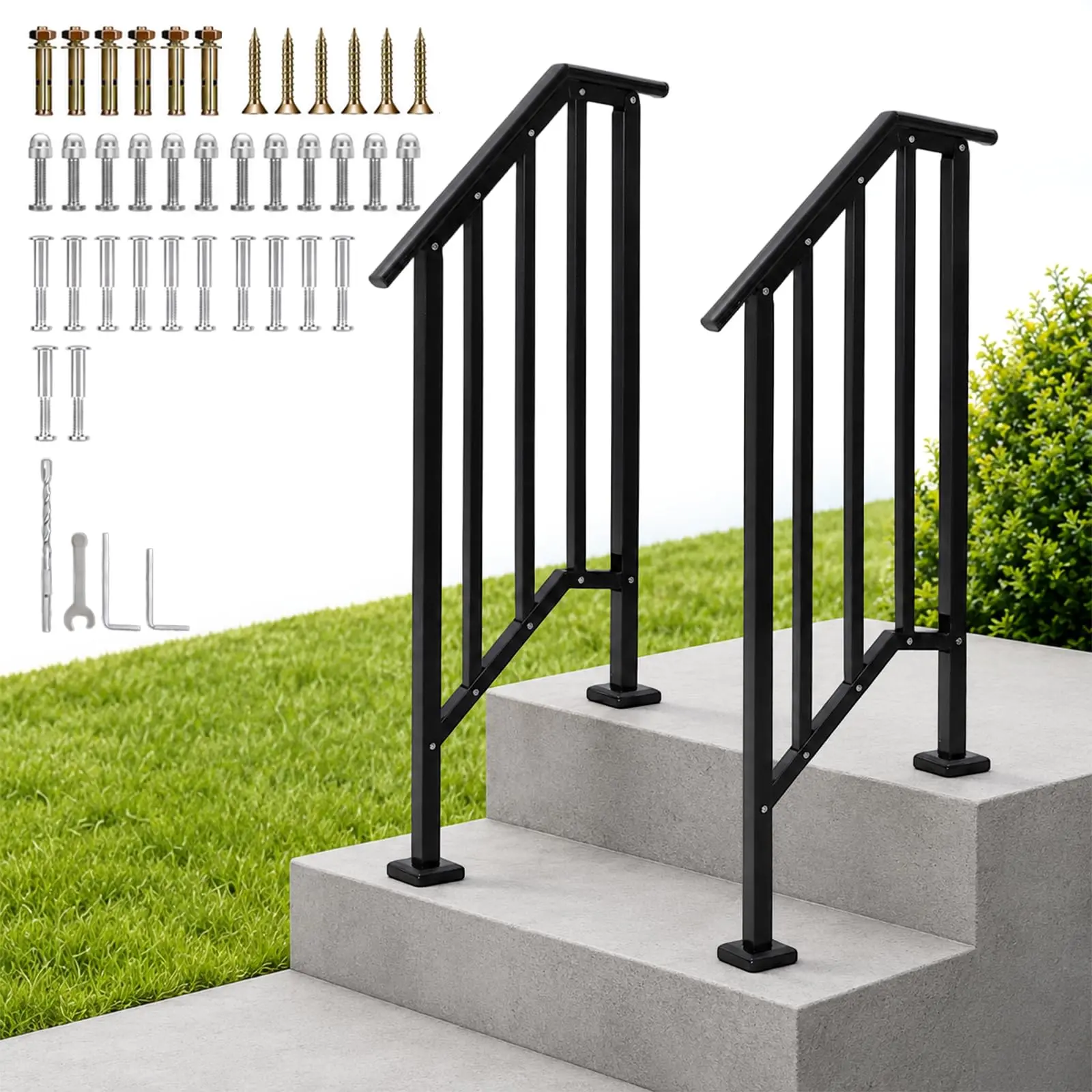 2-Pack Outdoor Stair Handrails for 2 Step – Heavy Duty Metal Railings, Anti-Rust Black Handrail for Outdoor Steps, Deck, Garden, Concrete & Wood Stairs with DIY Installation Kit