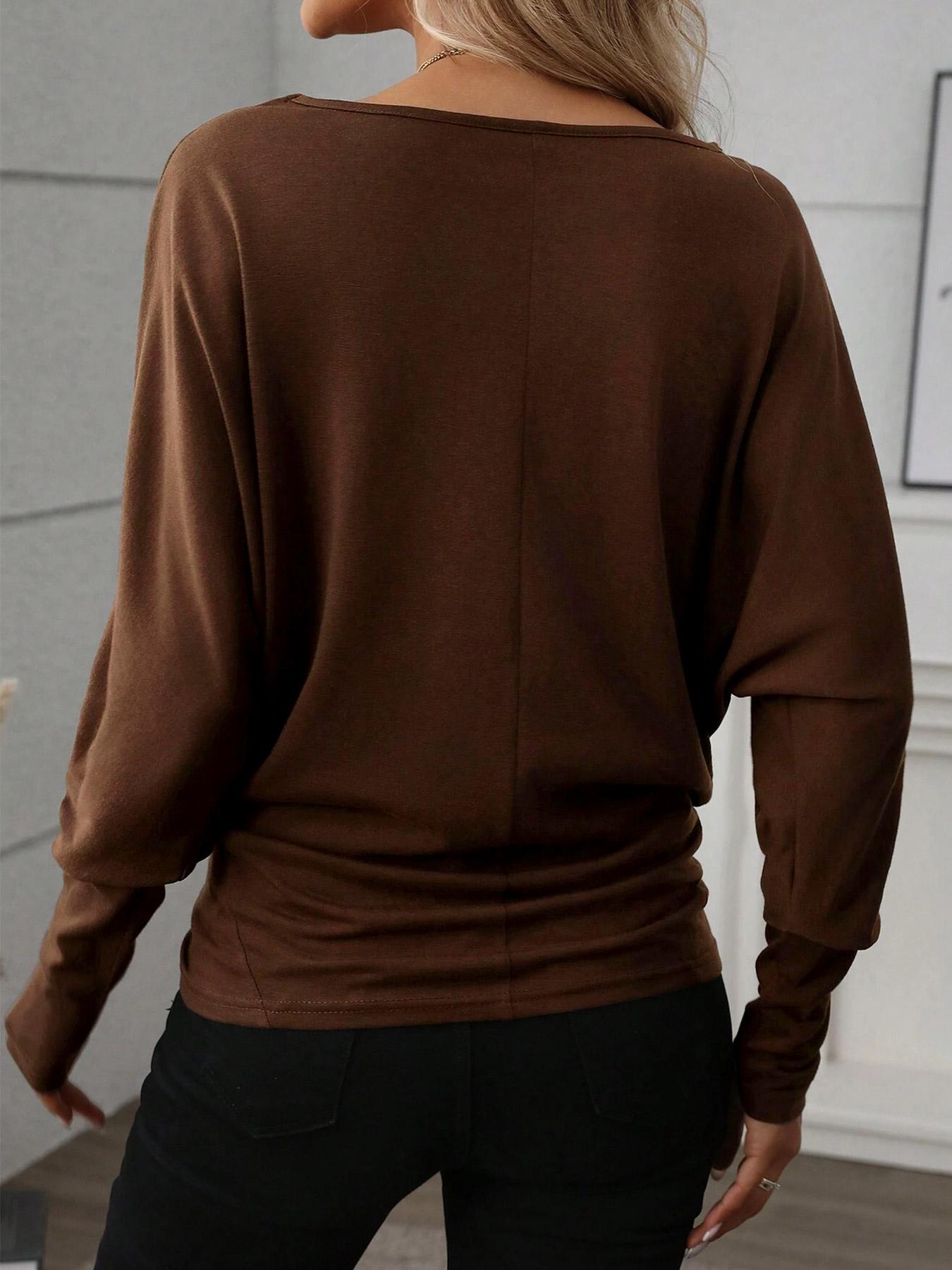 Women's Batwing Sleeve Solid Color T-Shirt, Elastic Long Sleeve Top, Casual Fashion Warm Base Layer, Perfect for Daily Wear & Parties