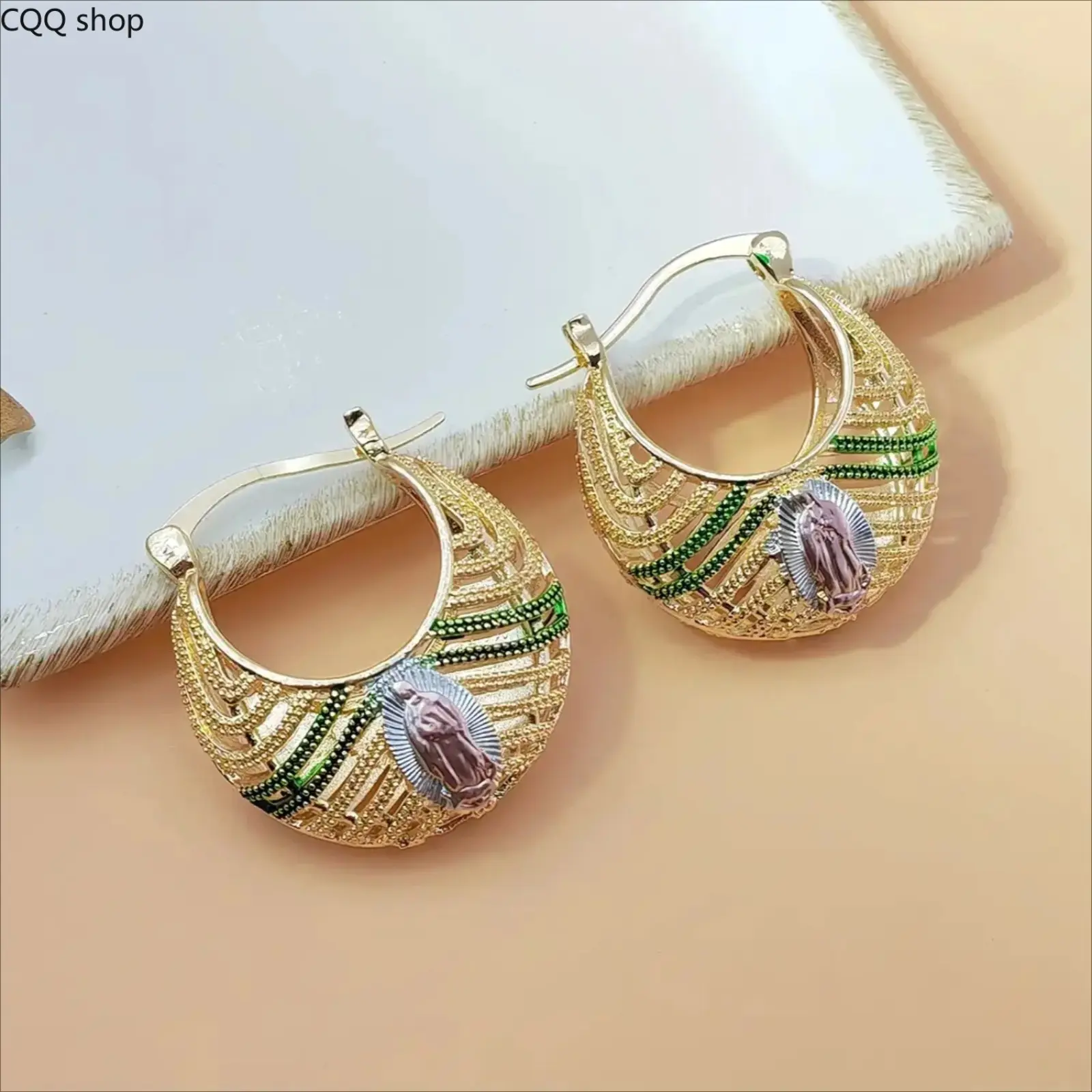 Gold Plated Our Lady of Guadalupe Hoop Earrings for Women, Filigree Huggie Hoops with Green Crystal Accent, Tri-Color Virgin Mary Statement Earrings, Catholic Religious Jewelry Gifts