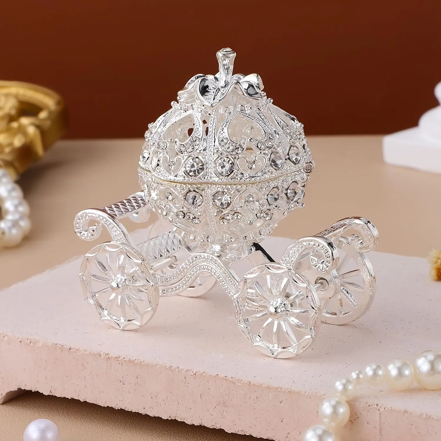 Silver Rhinestone Cinderella Pumpkin Carriage Metal Jewelry Box Ornament, Vintage Alloy Hinged Trinket Box, Crystal Studded Holder for Rings & Earrings, Desktop Decor, Romantic Keepsake, Wedding Favor, Christmas & Unique Gift for Women