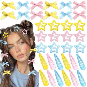 36Pcs Mini Bow Hair Clips Y2K Star Metal Hair Barrettes Non Slip Hair Clips Small Ribbon Hair Bows Cute Snap Bowknot Hair Claw Clips Accessories for Women Girls (Pink, Blue, Yellow)
