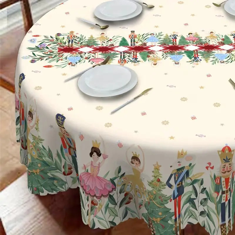 2D Flat Party Tablecloth 1pc, Nutcracker Christmas Festival Tablecloth, Round Polyester Tablecloth, Indoor Outdoor Use, No Power Required