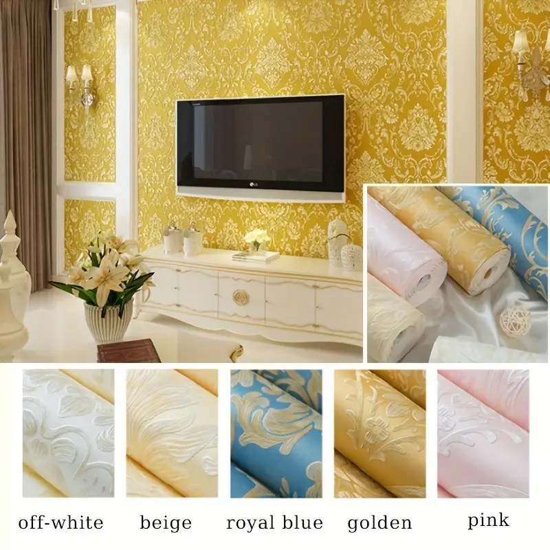 Vintage European Damask Embossed Wallpaper, Self-Adhesive Floral Wall Sticker, Removable DIY Wall Covering, 5 Colors, Living Room Decor
