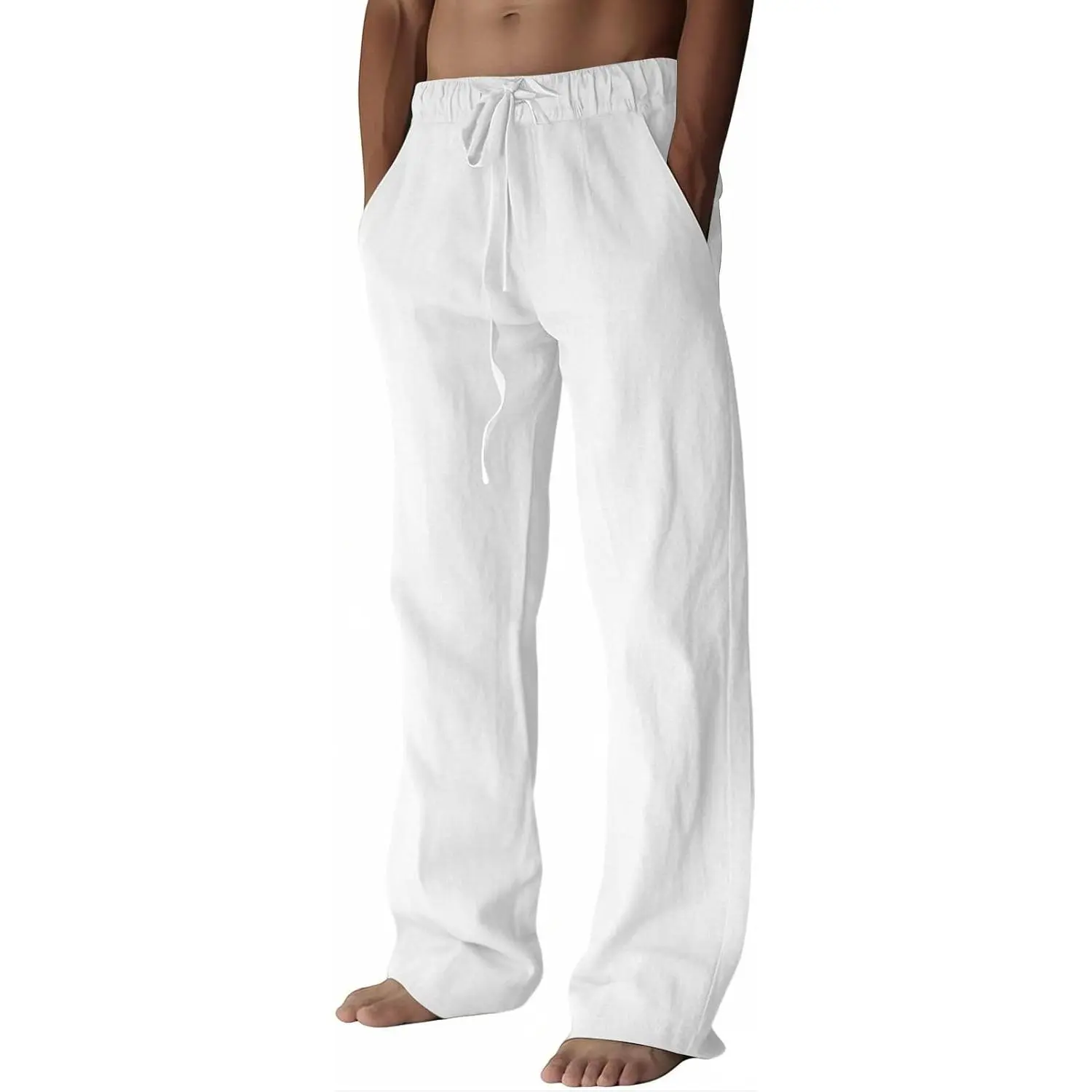 Mens Cotton Linen Pants, Summer Beach Pants Casual Loose Fit with Elastic Waist Drawstring.
