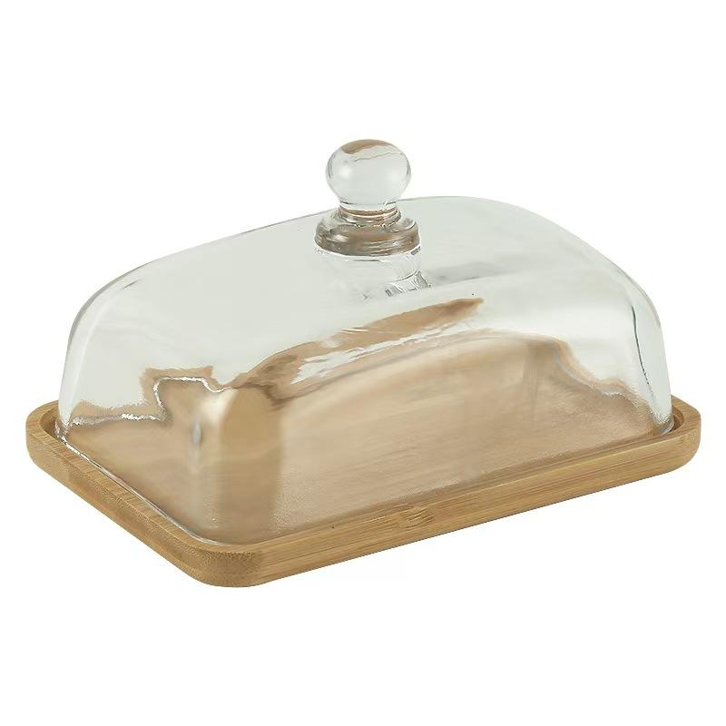 Glass Butter Dish with Lid, 1 Count Dustproof Food Storage Container with Bamboo Base, Food Preserving Container for Home Kitchen Restaurant