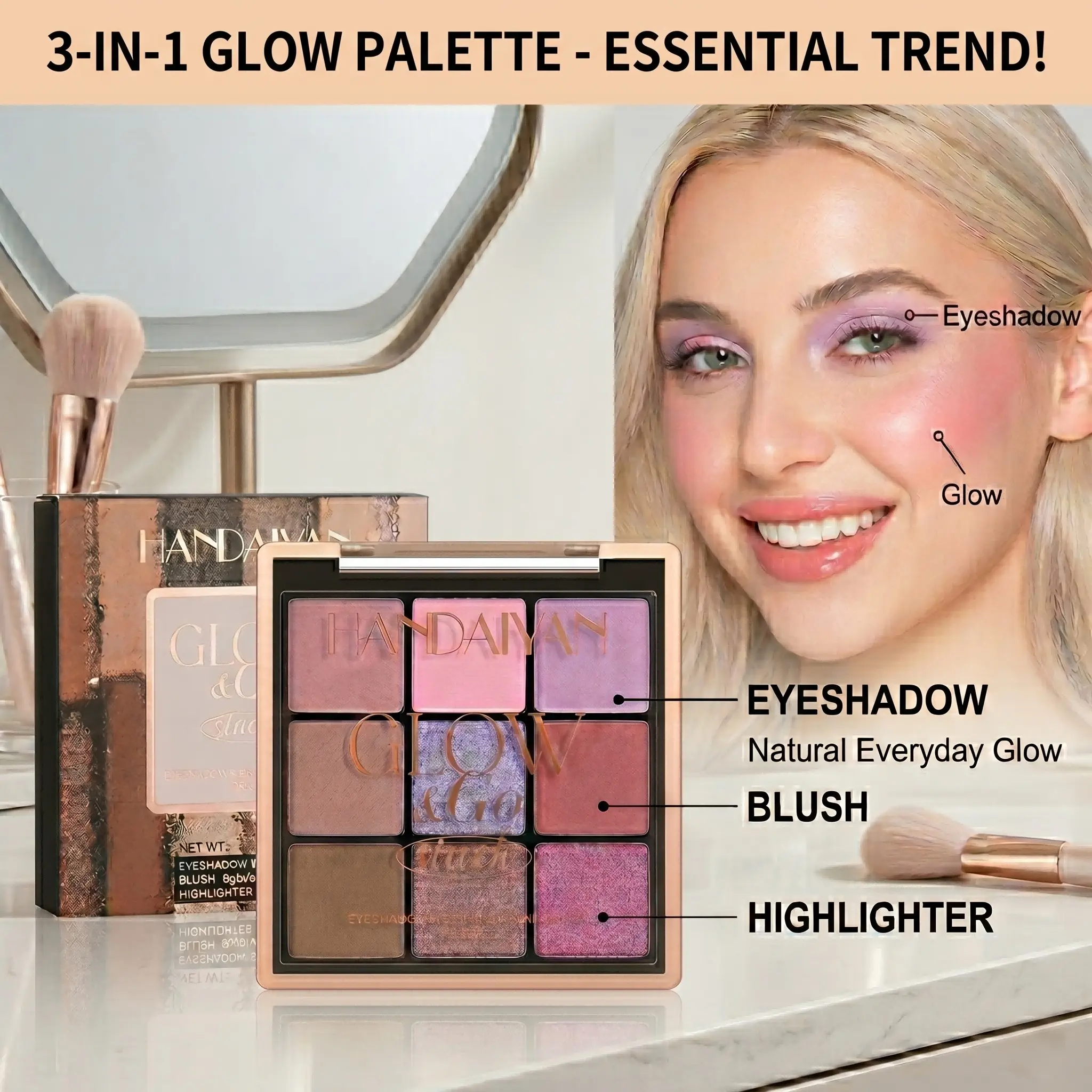 HANDAIYAN 3-in-1 Full Face Makeup Palette | 9-Color Eyeshadow Blush Highlighter All-in-One, Travel Friendly & Long Lasting, Effortless Everyday Natural Glow