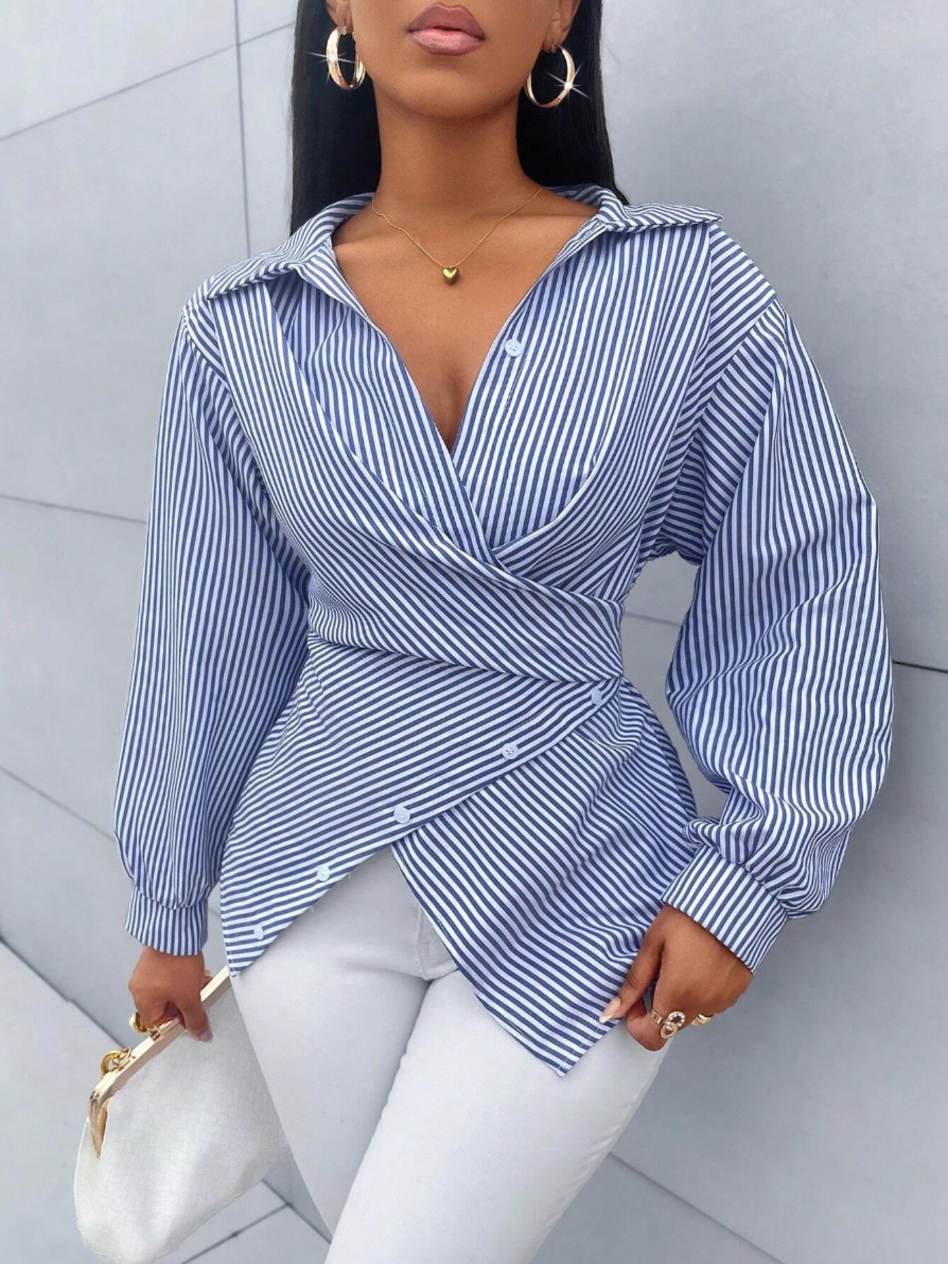 Women's Striped Print Button Front Collared Casual Shirt, Button Down Shirt,Asymmetrical Hem ,Wrap Blouse,Long Sleeve,Fitted,Elegant,Daily Commuting,Going Our,All Season