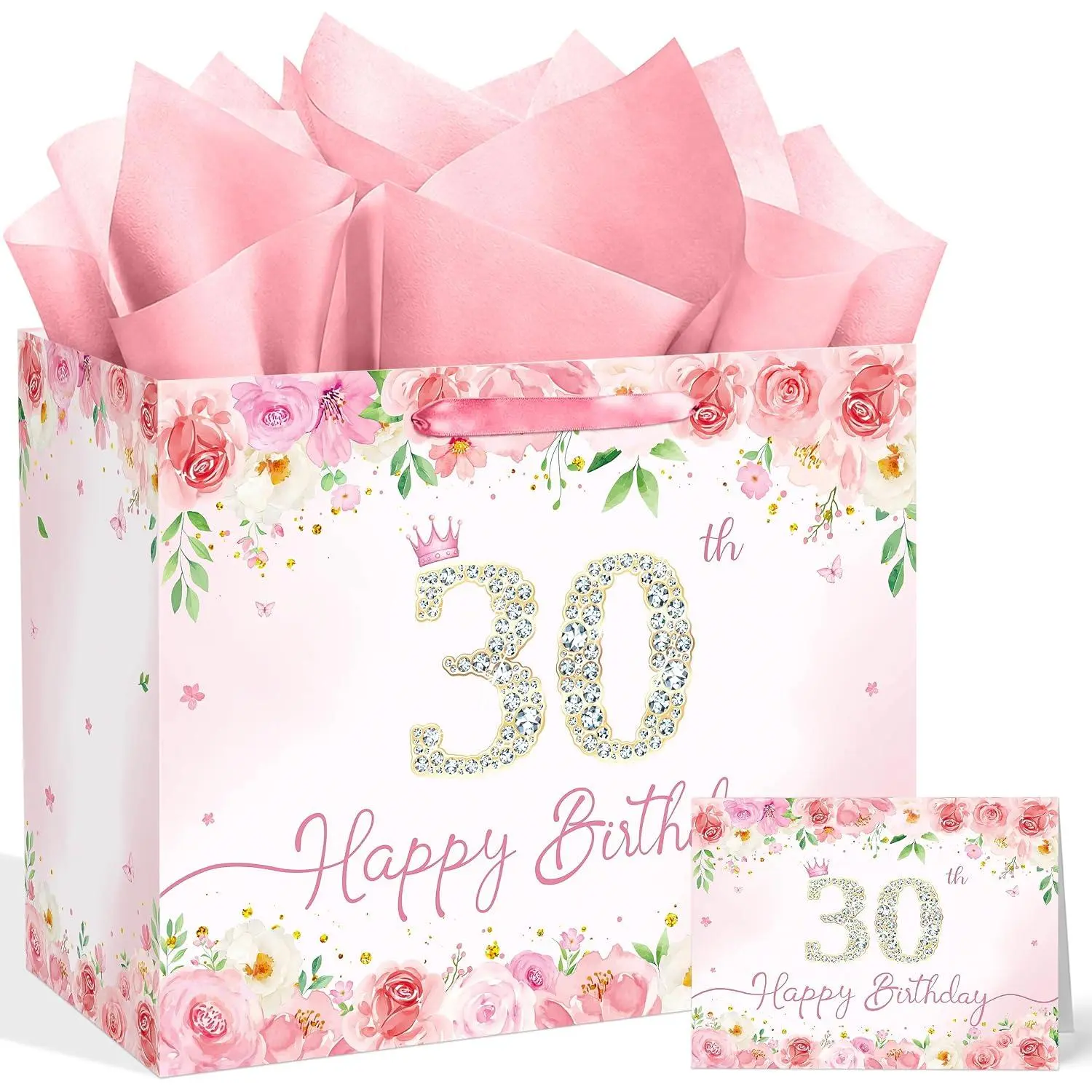 Floral 30th Birthday  Bag for Women, Large Happy 30th Birthday  Bag with Tissue Paper and Greeting Card Included, Elegant Birthday Present Bag for Daughter, Sister,   and Her