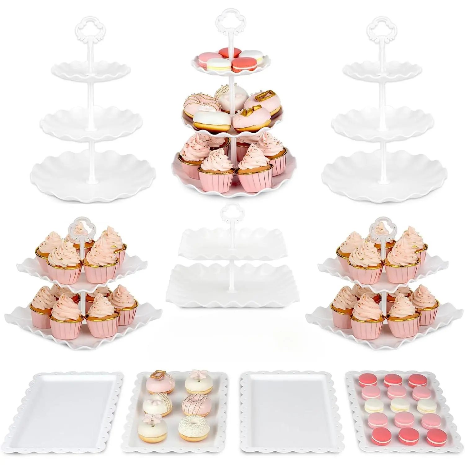 10 Pack Food-Grade White Plastic Dessert Stand Set, Easy-Assemble 2-Tier & 3-Tier Cupcake Towers with Serving Trays, Reusable Display Decor for Birthday Parties, Housewarming, Christmas Ceremony (With Storage Box) wedding