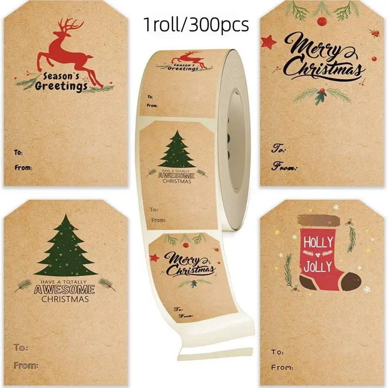 Vintage Christmas Stickers Roll, 300 Pcs Gift Wrapping Labels, Party Supplies, DIY Decoration Stickers, Holiday Decorations