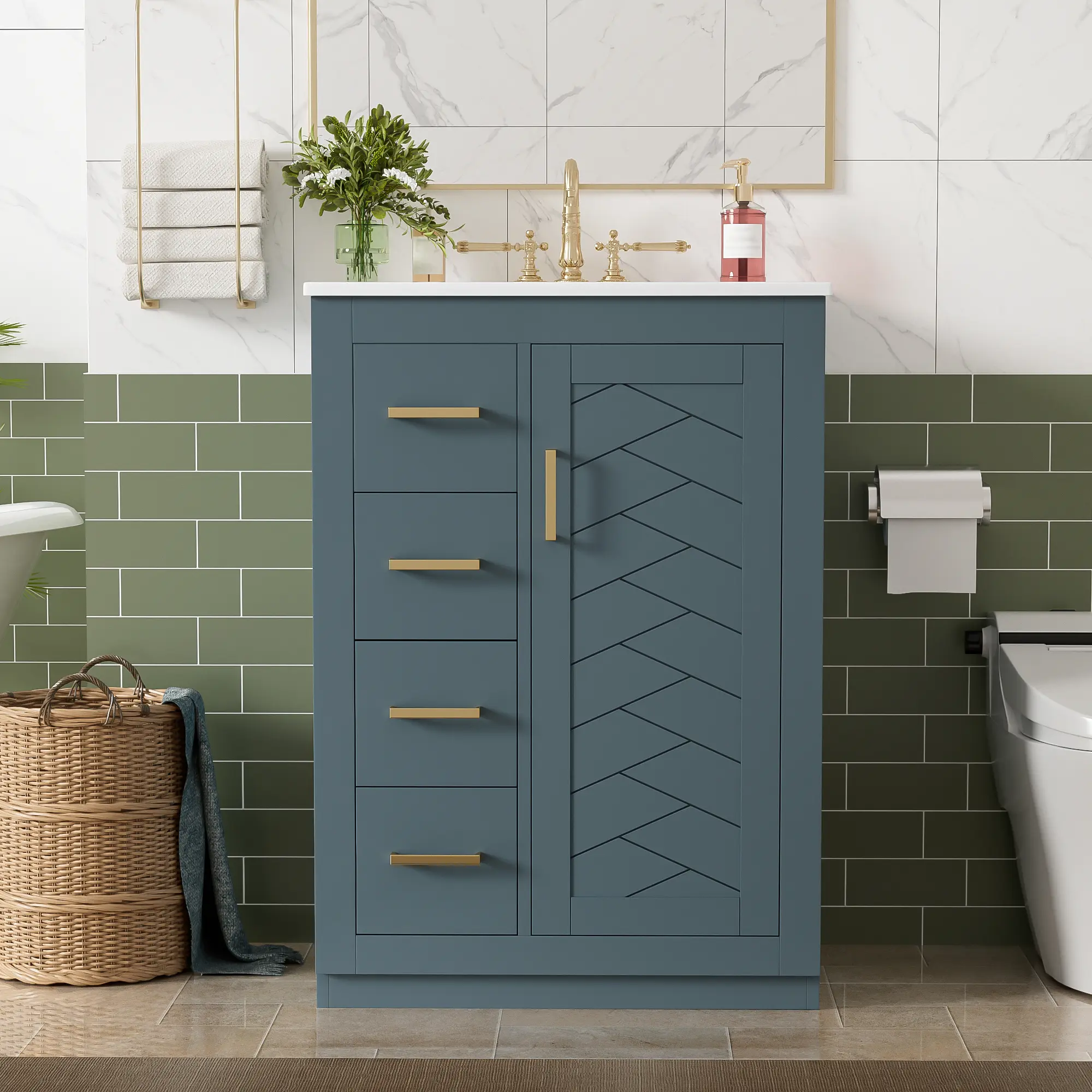 24-Inch Single Sink Bathroom Vanity with Integrated Ceramic Sink, Solid Wood & MDF Floor Cabinet, 1 Door & 3 Drawers, Blue Painted Finish, Compact Storage Unit for Small-Medium Bathrooms