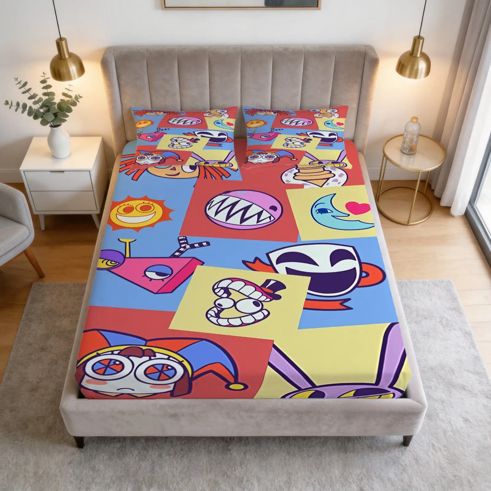 Digital Circus Printed Pattern Bed Sheet Set, 1 Bed Sheet With 2 Pillowcases (Excluding Pillow Core), Suitable For Bedrooms, Dormitories, And Guest Rooms For Teenagers And Adults, And Suitable As a Gift