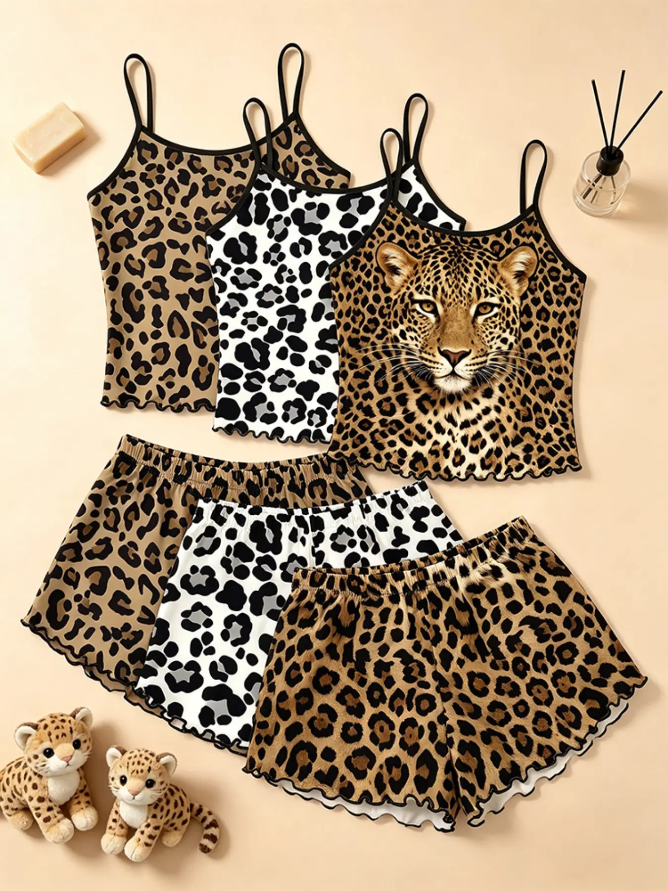 6 Piece Set Y2K Edgy Bold Aesthetic Women's Sleepwear Leopard Cheetah Print Summer Spaghetti Strap Contrast Trim Ruffle Hem Ultra Soft Milk Silk Pajama Set Cool Comfy Breathable Casual Nightwear for Daily Wear