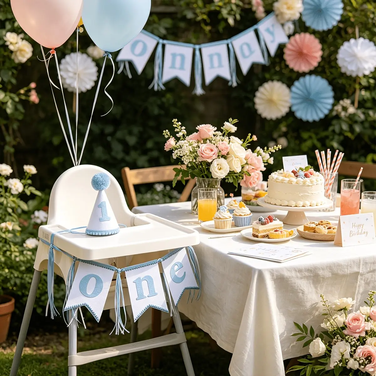 2pcs First Birthday Decoration Set, Blue Banner and Hat Combo, Photo Props, Boys' One-Year-Old Party Supplies, Birthdays Decorations