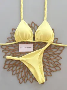 Women's Lemon Braided Bikini Set, Sexy Beach Vacation Two-Piece Swimsuit, Fresh Spring Summer Swimwear, Polka Dot Pattern