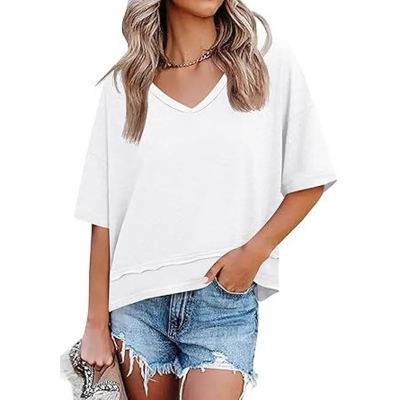 Women's Minimalist Plain V-Neck T-shirt with a Versatile Loose Fit, Casual Shortsleeve Style for Summer Daily Wear, Machine Wash women tee st