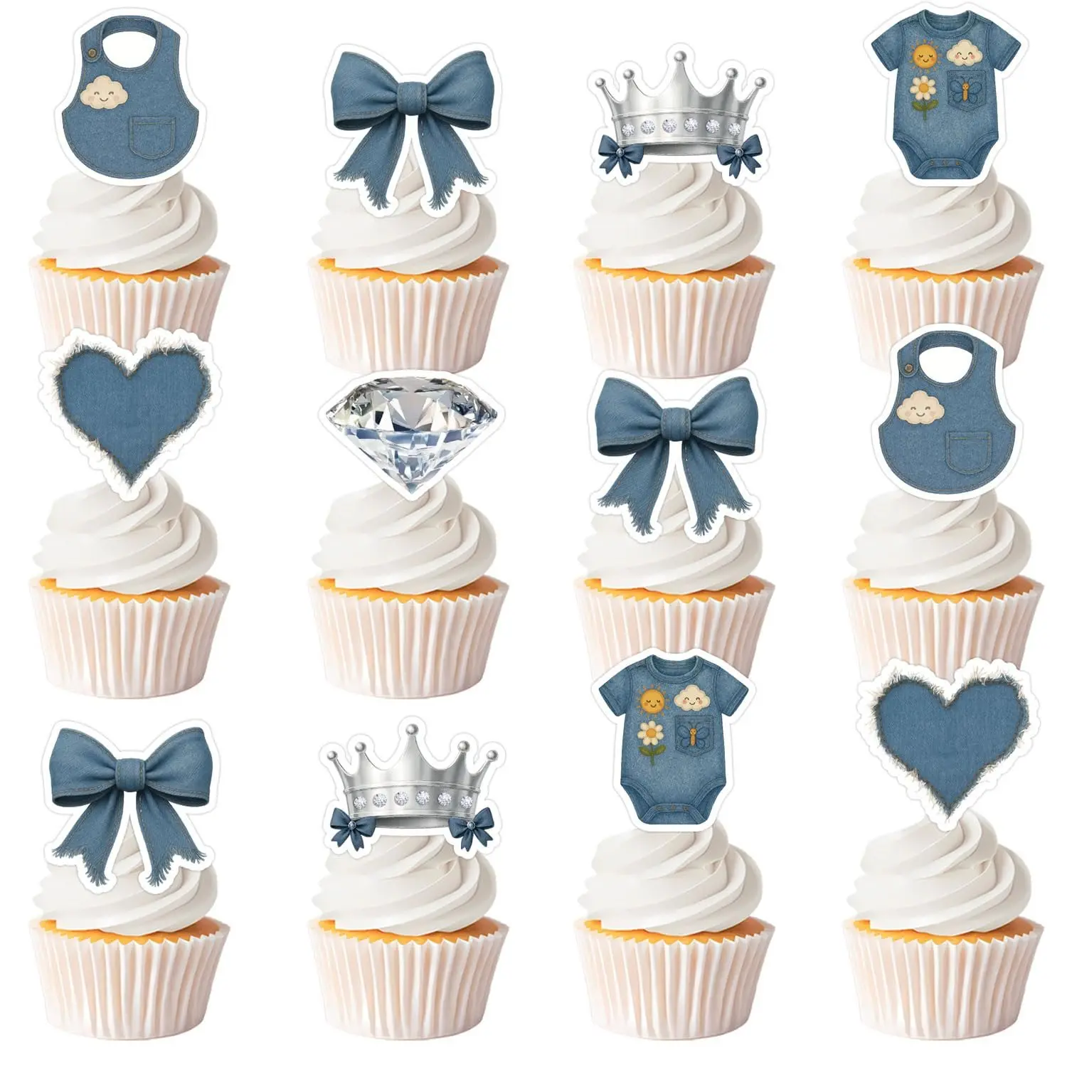 36Pcs Acrylic Cowboy Cake & Cupcake Toppers - Double-Sided Diamond Photo Picks, Standard Denim-Themed Decor for "A Blue Jean Baby is on the Way" Baby Shower Events