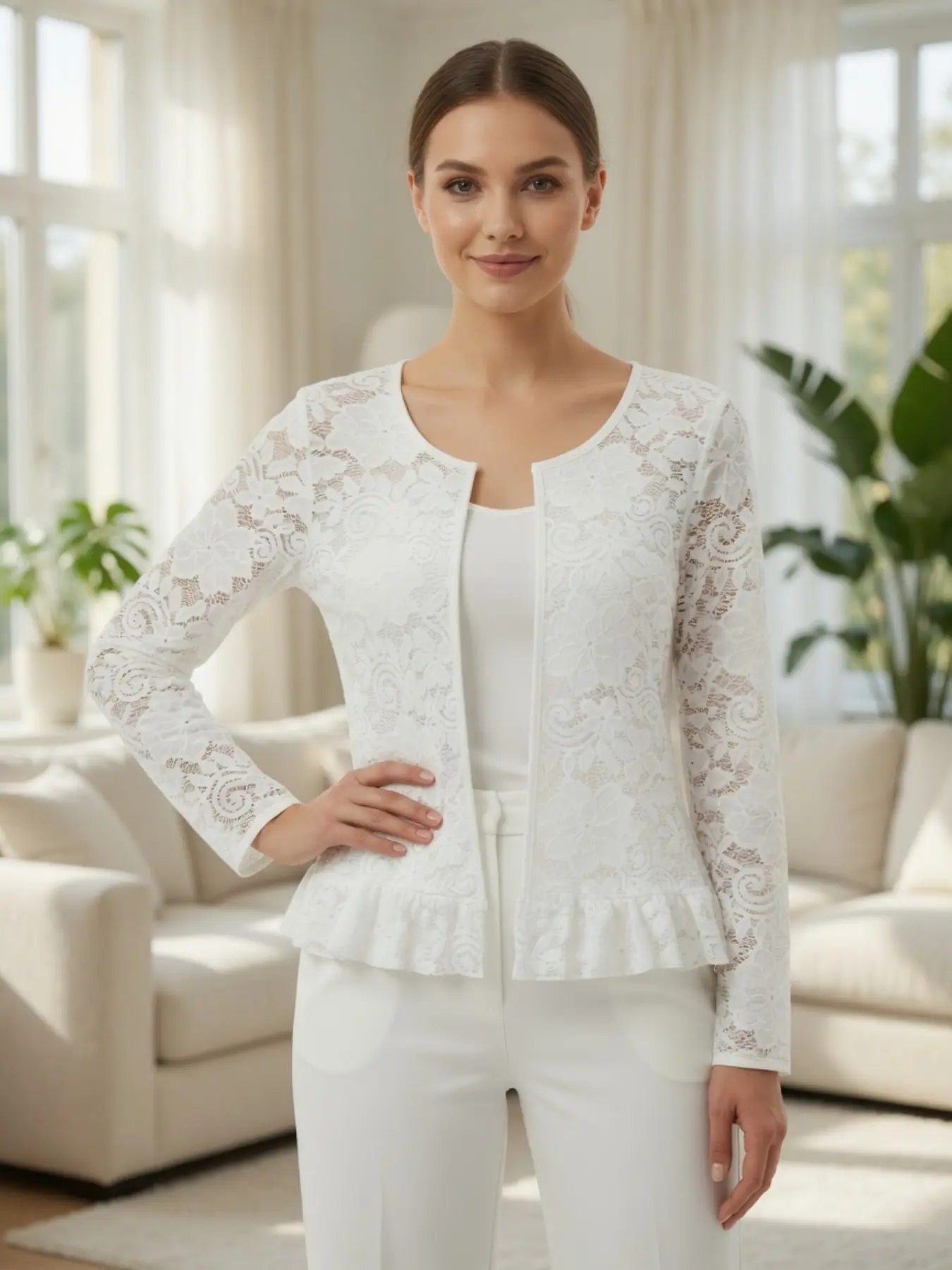 Women's Quilted Lightweight Jacket with Lace Ruffle, Open Front Design, Stylish and Comfortable Outerwear for Everyday Wear