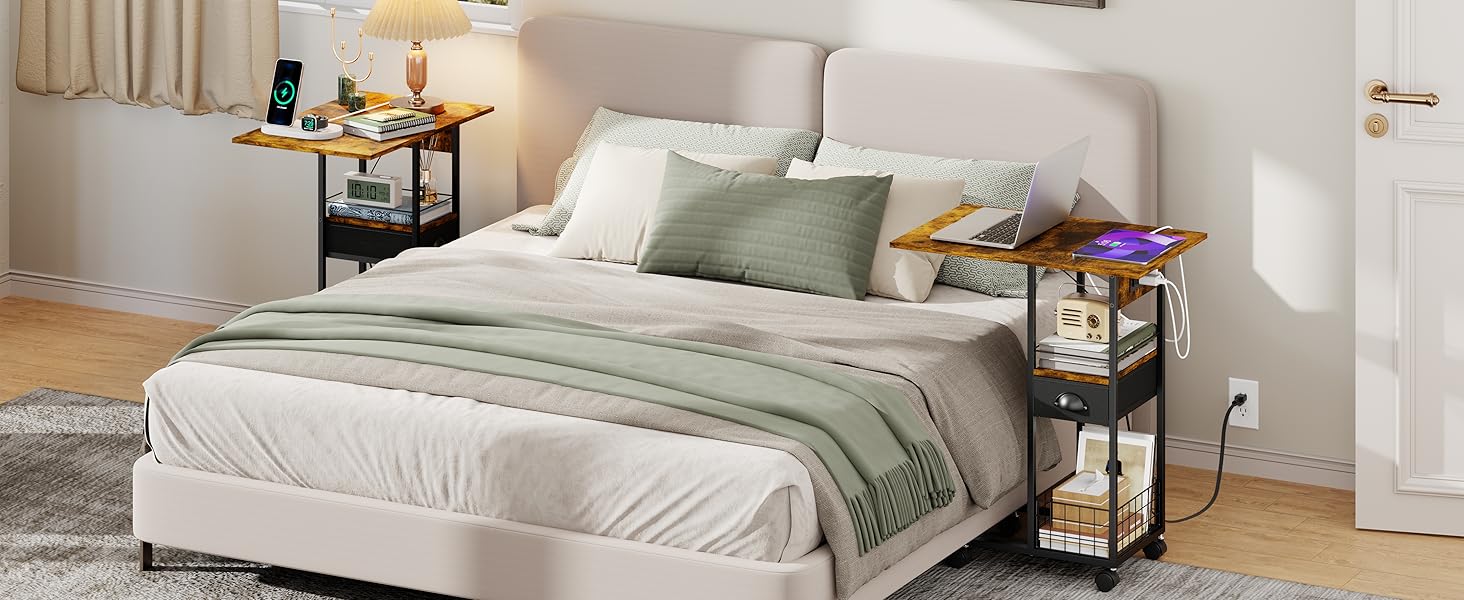 C-Shaped Side Table with Charging Station, Night Stand with Type-C & USB Port and Outlet for Bedroom, Spacious Coffee Table with Wheels for Living Room, Home Office, Small Space C-Shaped Side Table with Charging Station, Night Stand with Type-C & USB Port and Outlet for Bedroom, Spacious Coffee Table with Wheels for Living Room, Home Office, Small Space