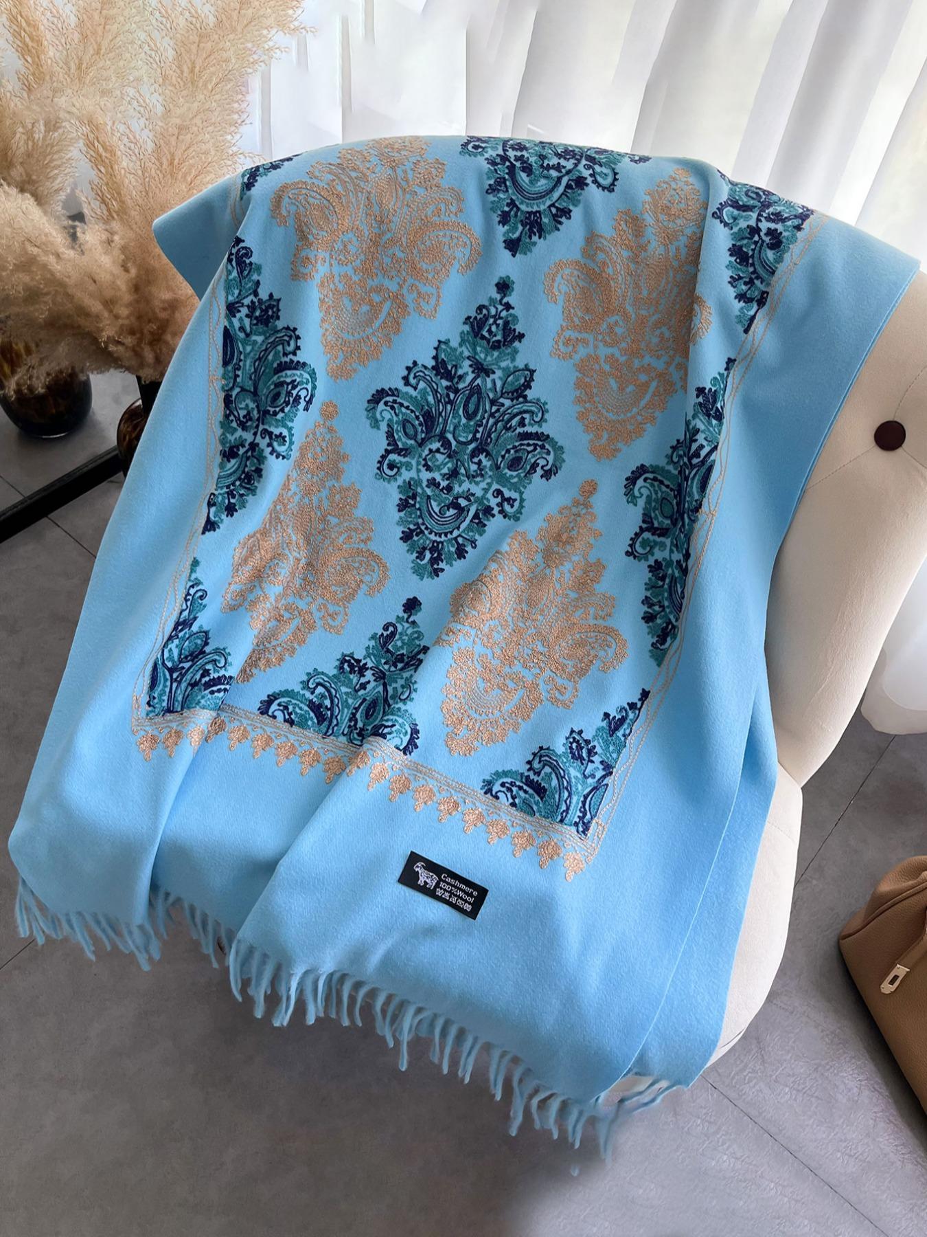 Boho Style Floral & Paisley Embroidery Tassel Decor Shawl, Trendy Casual Soft Warm Double Sided Scarf for Fall & Winter, Fashion Accessories for Women & Men