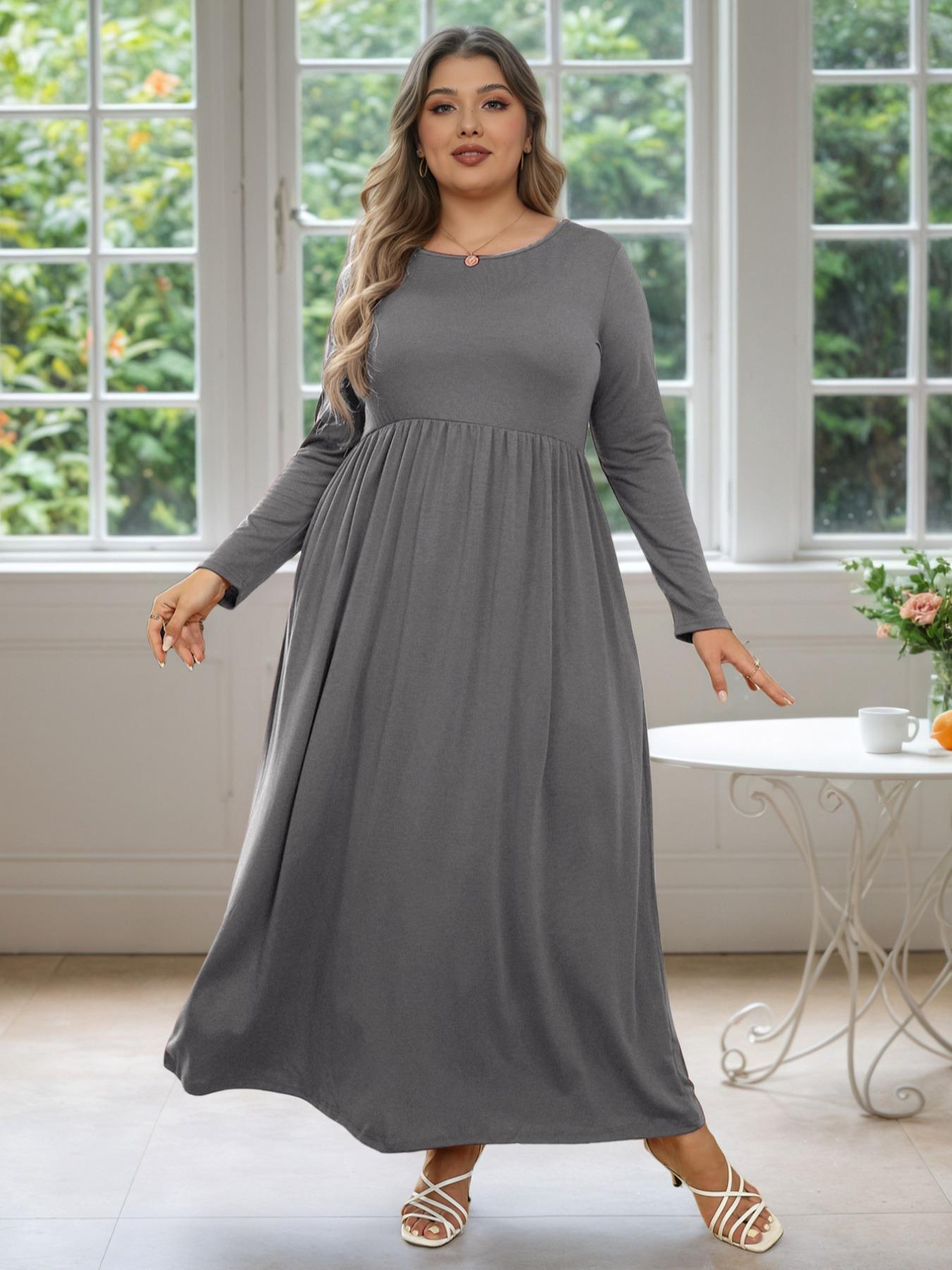 Women's Round Neck Stretchy Casual Fitted Long Plus Size Dress, Perfect for Bridesmaids, Vintage Style Wedding & Party Wear, Comfortable Fabric